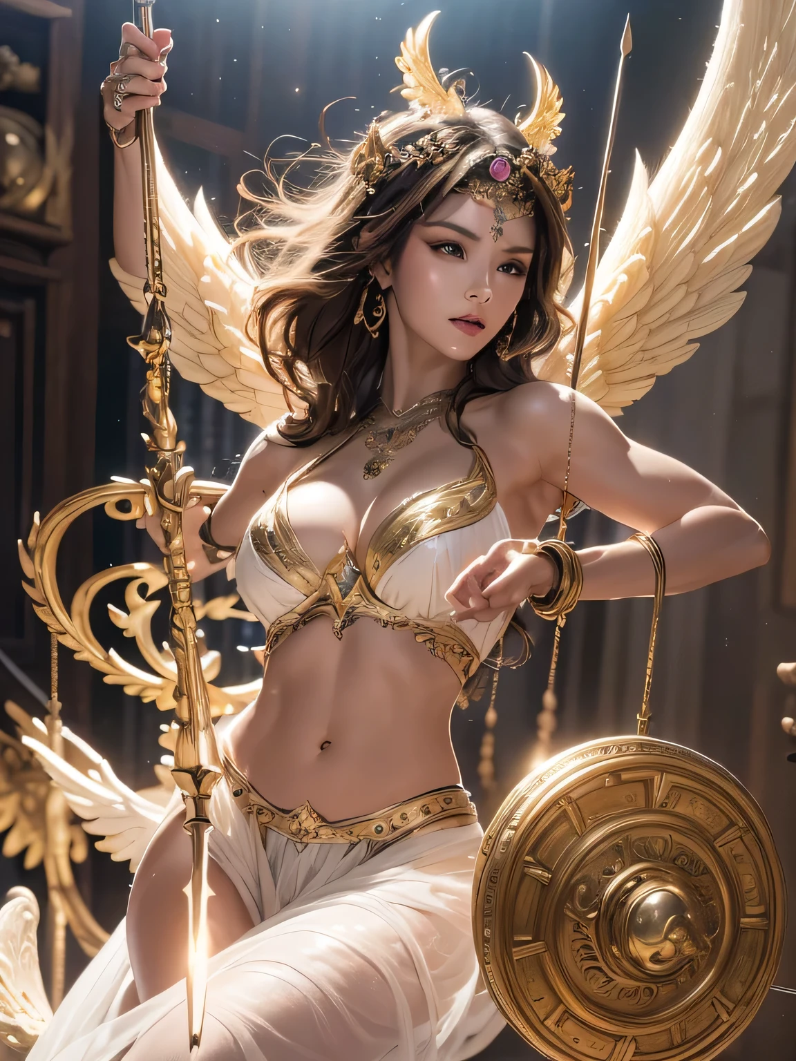 (Finest quality)),(超A high resolution),(ultra-detailliert),(Meticulous portrayal),((best pictures)),(Finest works of art),Ultra-Precision Art,The art of astounding depiction, Fantasyart:1.5, (A female angel swinging a spear:1.7),Beautiful and well-groomed face:1.5,(toned body:1.6), demon being purified:1.5 powerful light:1.5