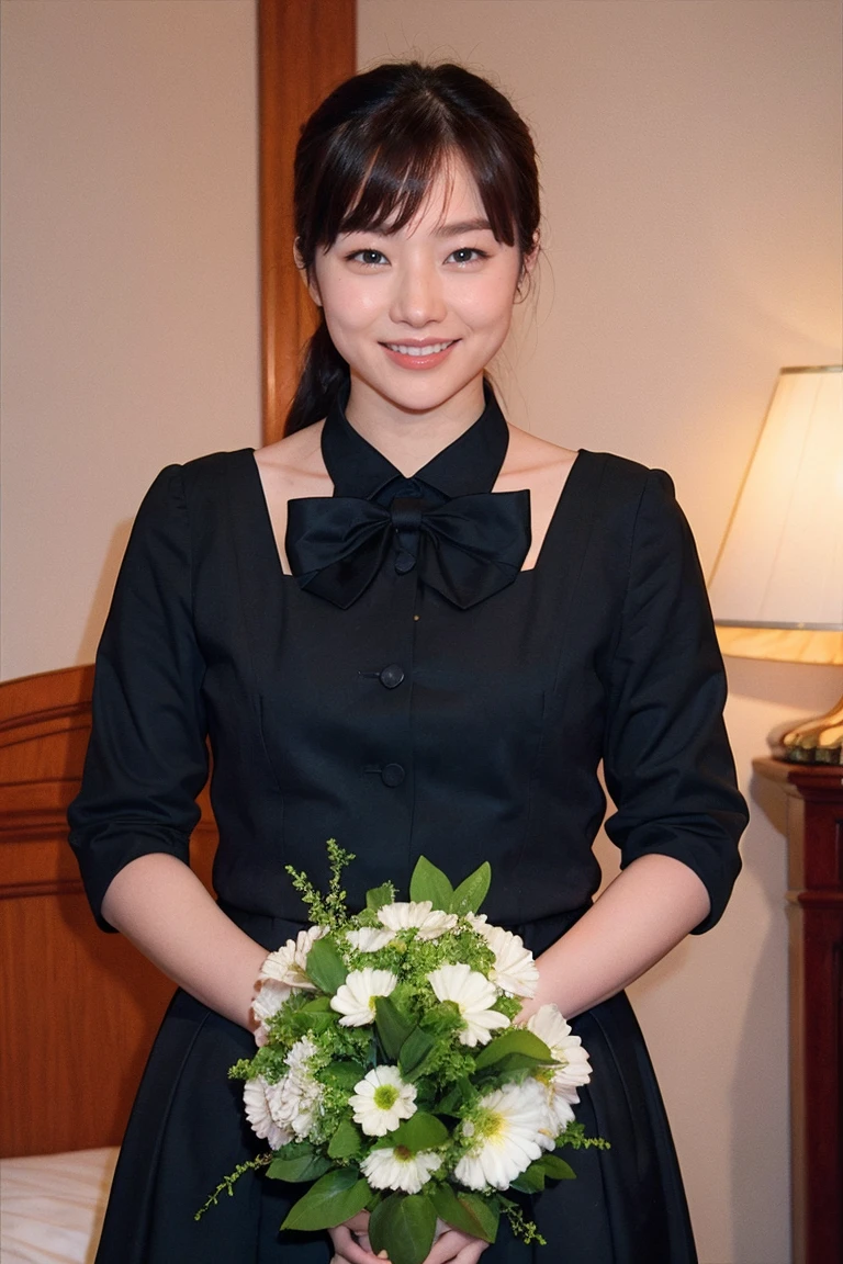 medium view, medium shot, Depth of written boundary, bust, Upper body, cinematic angle, masterpiece, highest quality, Super detailed, cg, 8k wallpaper, beautiful face, delicate eyes, maiden, alone, smile, bangs, skirt, shirt, have, black dress, bow, petal, bouquet