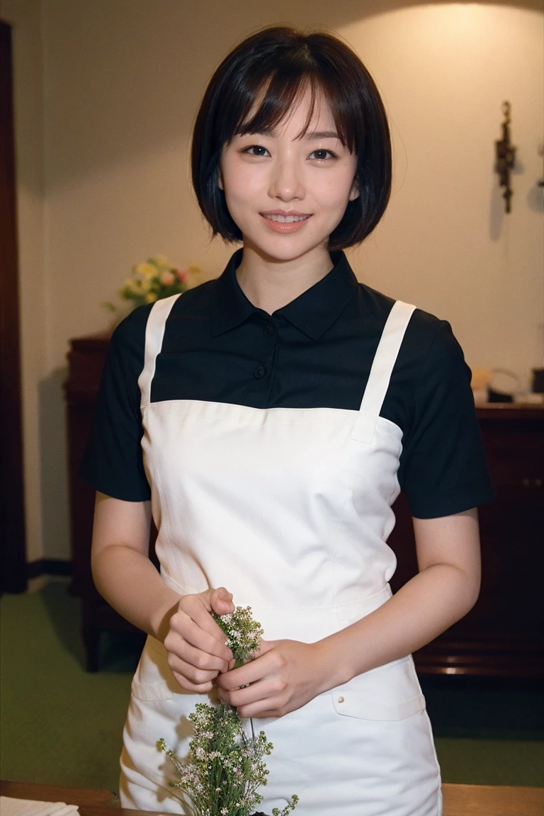medium view, medium shot, Depth of written boundary, bust, Upper body, cinematic angle, masterpiece, highest quality, Super detailed, cg, 8k wallpaper, beautiful face, delicate eyes, maiden, alone, smile, bangs, skirt, shirt, have, black dress, bow, petal, bouquet