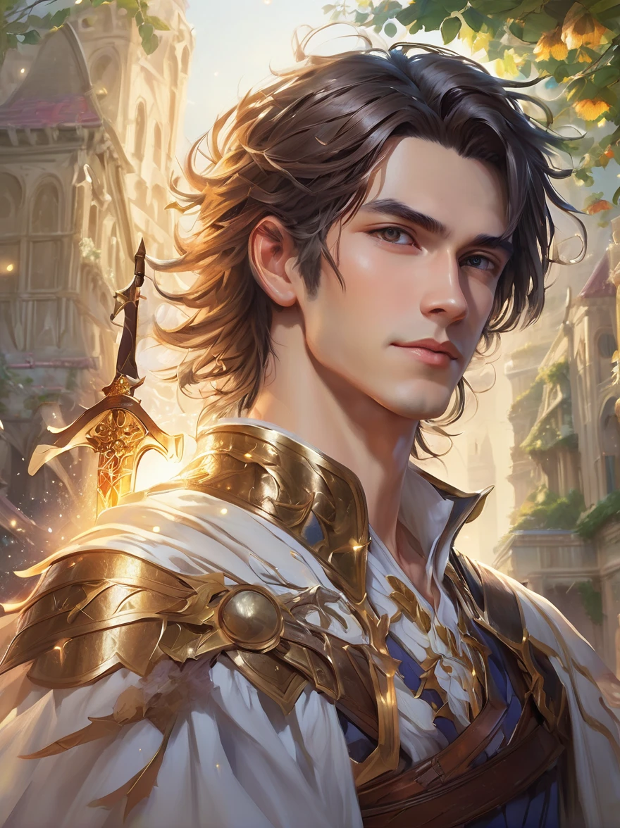 masterpiece,1 male,aldult,Beautiful face,young,advanced,Antique theme,Fairies,Ancient costumes,holding sword,Sunlight,street,Long hair flying,Sunlight,Background style,breeze blowing,Loose robe,fantasy landscape,Starlight around the character,(whole body),(first-person view, pov, UHD, retina, masterpiece, ccurate, anatomically correct, textured skin, super detail, award winning, 8k)