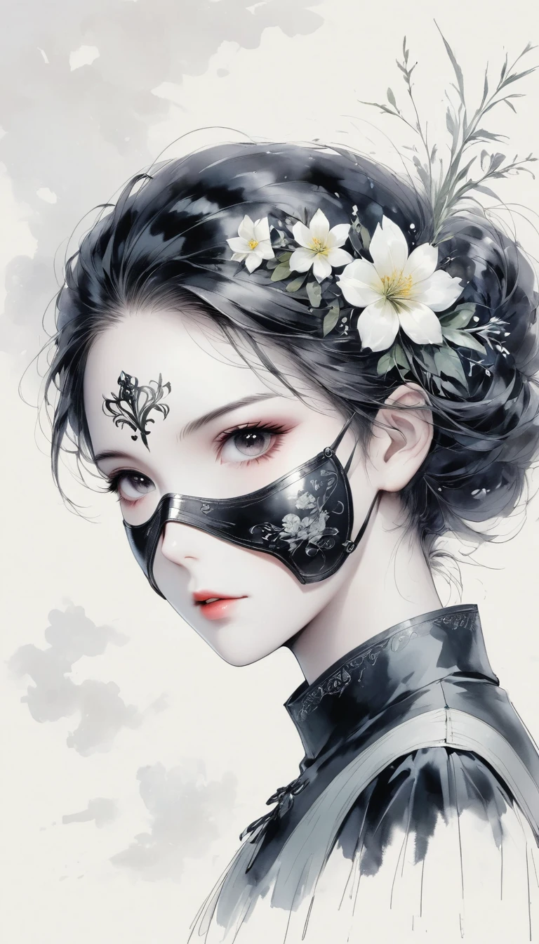 (Anime line drawing:1.5),black and white painting,Minimalism,line art,sketch,Charcoal drawing,mask,flower