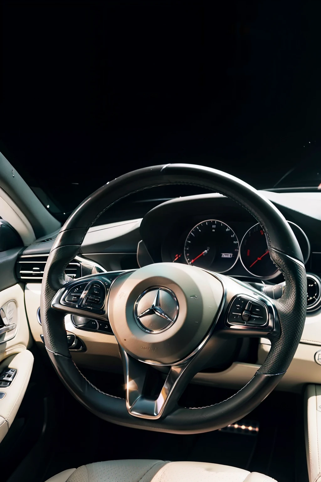 Steering wheel with an innovative design, boasting ergonomic features and a touch of luxury, reminiscent of the iconic Mercedes brand. The structure is robust and stiff, providing a reliable grip for drivers. The crystal-clear picture of the steering wheel captures every intricate detail, ensuring its prominence in any automobile. Just a glance at this steering wheel and one can immediately associate it with the elegance and sophistication that Mercedes is known for.