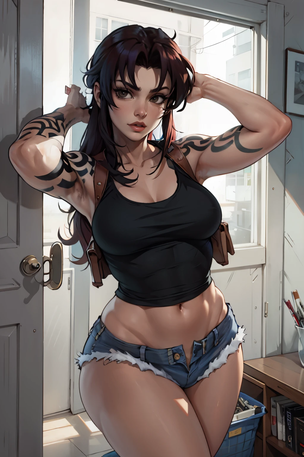 digital art, Revy, masterpiece, best quality, sexy pose, at small modern ship, denim shorts, black tank top