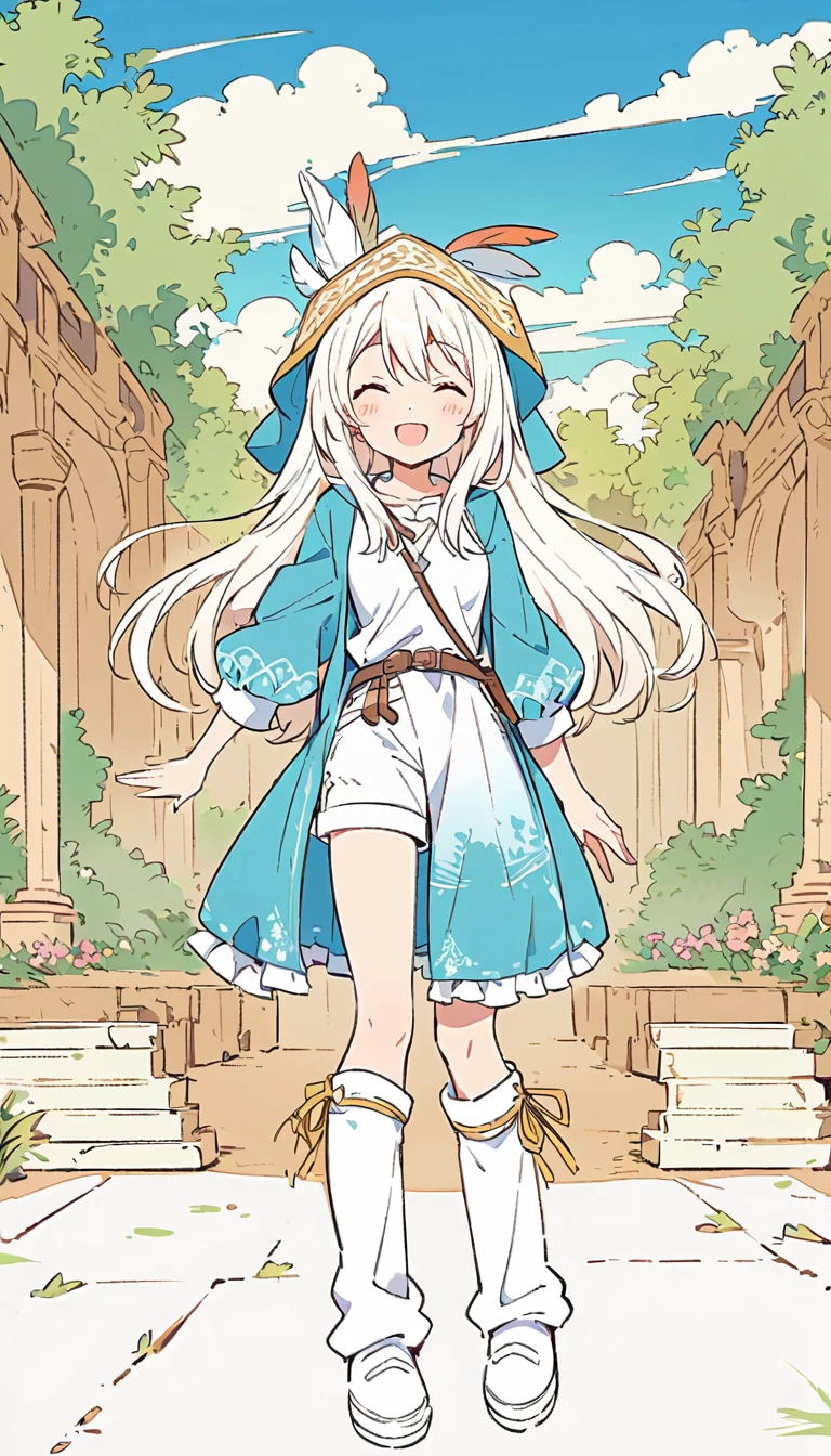 Anime line drawing, line art, Cute Q version girl, black and white, Fengshin, long hair, medium breasts, happy, feather embellished hat, coat, (fantasy:1.1) (middle Ages:1.1) , shirt, shorts, Wool boots, enchanted forest, flowers, ancient ruins, Sky, cloud