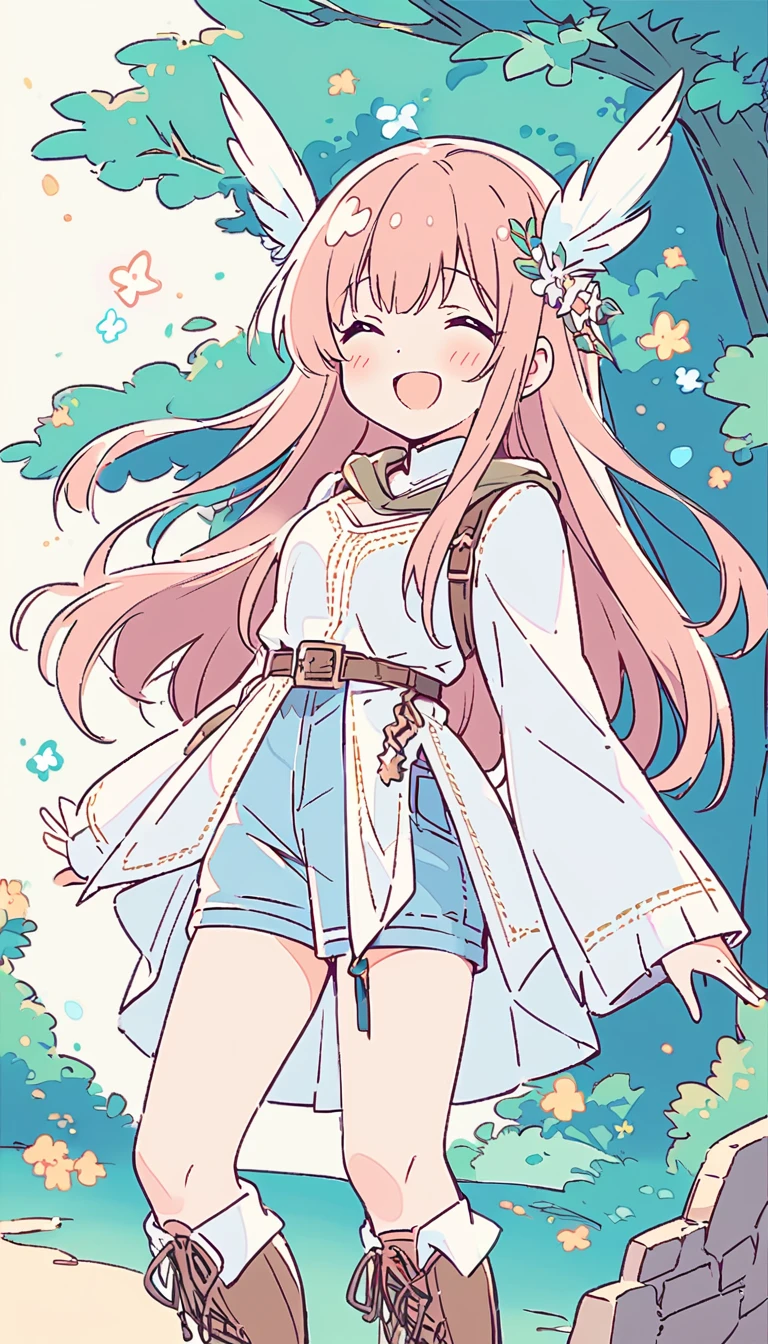 Anime line drawing, line art, Cute Q version girl, black and white, Fengshin, long hair, medium breasts, happy, feather embellished hat, coat, (fantasy:1.1) (middle Ages:1.1) , shirt, shorts, Wool boots, enchanted forest, flowers, ancient ruins, Sky, cloud