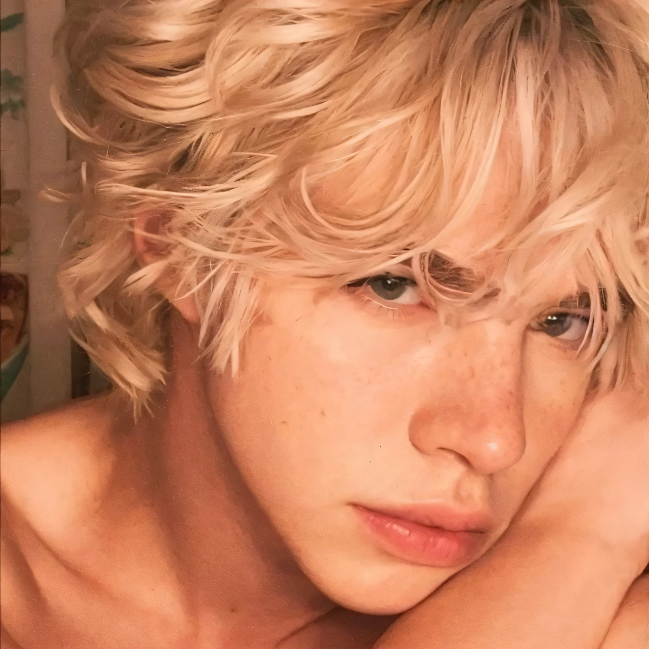 chico de pelo rubio con pecas y un corte de pelo desordenado, su cabello es desordenado y salvaje, pale skin curly blonde hair, al estilo de petra collins, pelo albino, petra collins, su cabello esta desordenado y descuidado, cabello rubio desordenado, an epic non-binary model, blanqueado, pecas blancas, blanqueado blonde short hair, androgynous face