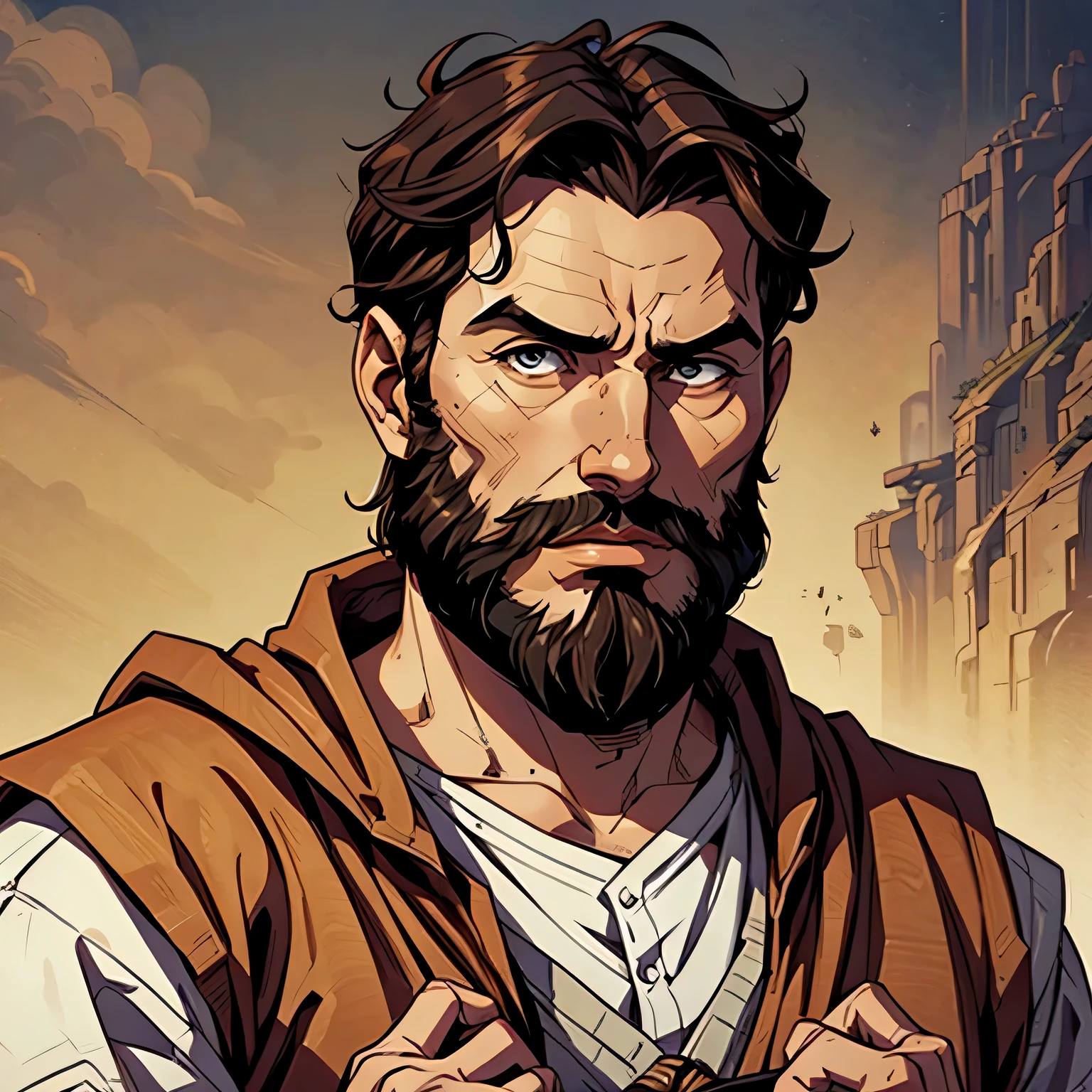 best quality image, man, biblical style mayor, 35 years old, short hair, with thick beard, round face, small forehead, expressive look, serious, wearing biblical style animal skin clothes, with nothing in his hands, Hebrew