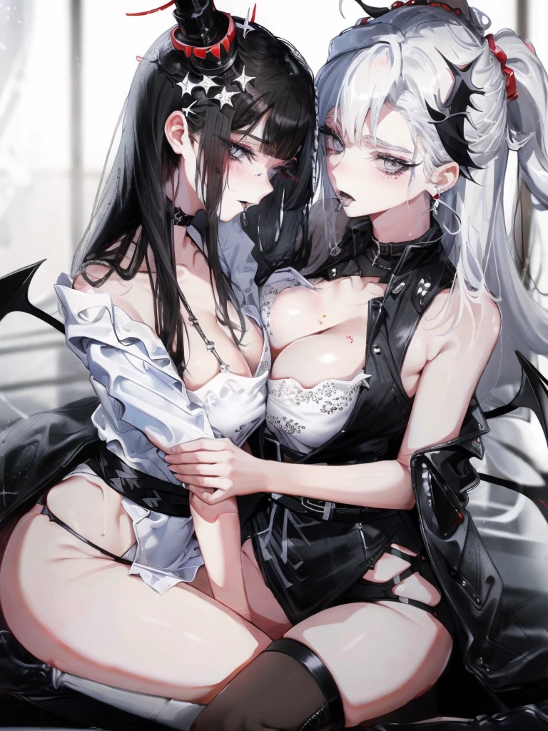 beautiful eyes、Two women kisasterpiece, best quality, high quality, ultra detailed, 1girl, looking at viewer, white hair, gray eyes, black lipstick, black shirt, sitting on a white floor, demon girl, gothcore, 1 7 - year - old, goth girl, japanese gothic, gothic punk style, black metal style, hands on head,.yurikiss、Girl kissing girl、Sex、