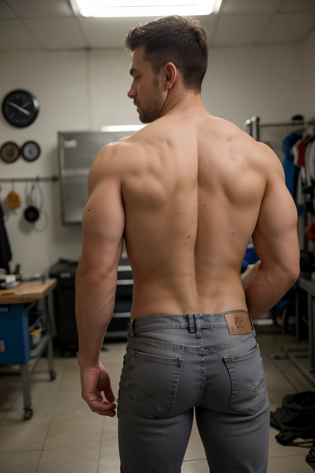 realistic photo of muscular and masculine mechanic man, 40 years old, cuerpo completo, cara detallada. Gray jeans ajustados . backside