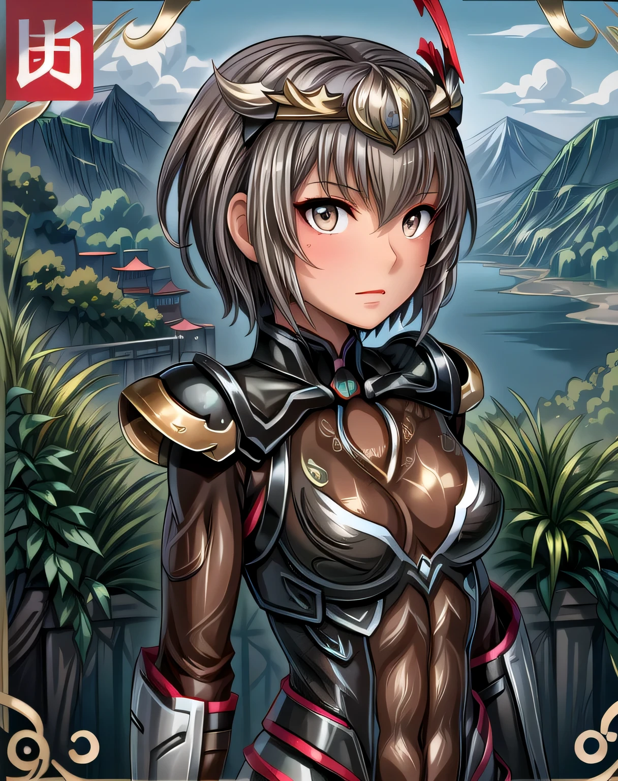 best quality, (masterpiece:1.2), illustration, absurdres,
(1girl, solo), (beautiful detailed girl),
Lu Lingqi, grey hair, brown eyes,  short hair, 
headpiece, feathers,
Bodysuit, 
grassy mountains, trees, japanese architecture, river, plants,, hands between legs, (upper body, portrait),,
looking at viewer, confident,  proud, small breasts