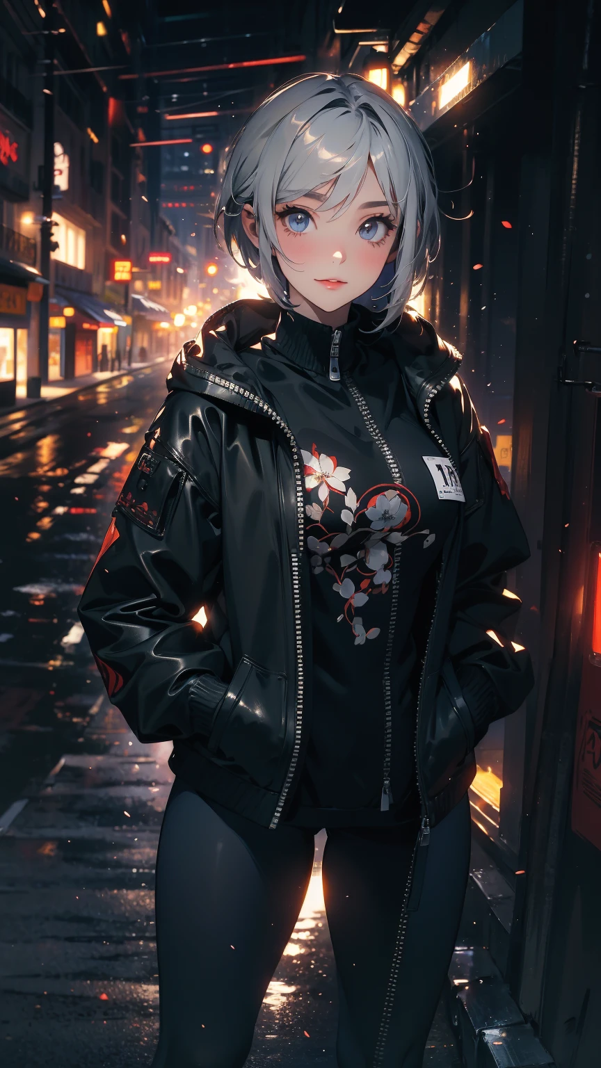 (Highly detailed CG unit 8k wallpaper, masterpiece, High resolution, highest quality, natural skin texture), Composition from head to stomach:1.5, (20 year old woman, Hands in pockets pose:1.5, smile, detailed eyes, gradient eyes), (Stalgic Fashion, Yellow-lined hooded jacket, leather hot pants, Asymmetrical punk short hair:1.2, ash gray hair), (Backstreets of Paris:1.3, Colourful flower beds along the road, cinematic lighting), high contrast, hyper realistic, digital painting, concept art,