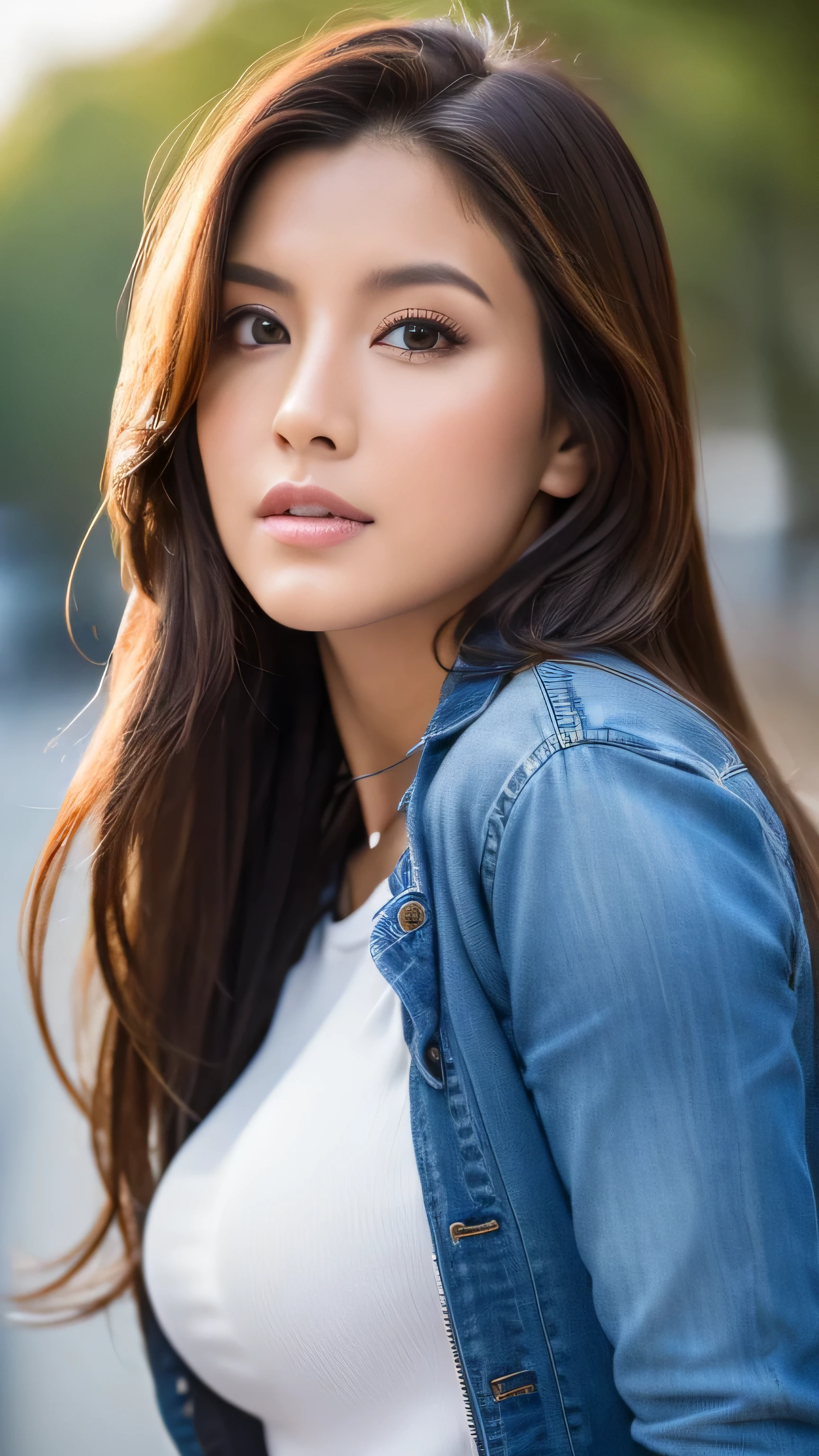 Movie-like dynamic photos,(Ultra realistic, High resolution), (highly detailed eyes, highly detailed hair, highly detailed face, Highly detailed plump lips,perfect anatomy),(highest quality:1.4), Raw photo,(((The camera is from below))), (realistic, photo-realistic:1.37), professional photography,Beautiful woman,leather jacket,jeans,model,((Two white women)),traveler,Commemorative photo,(((Overall image)))