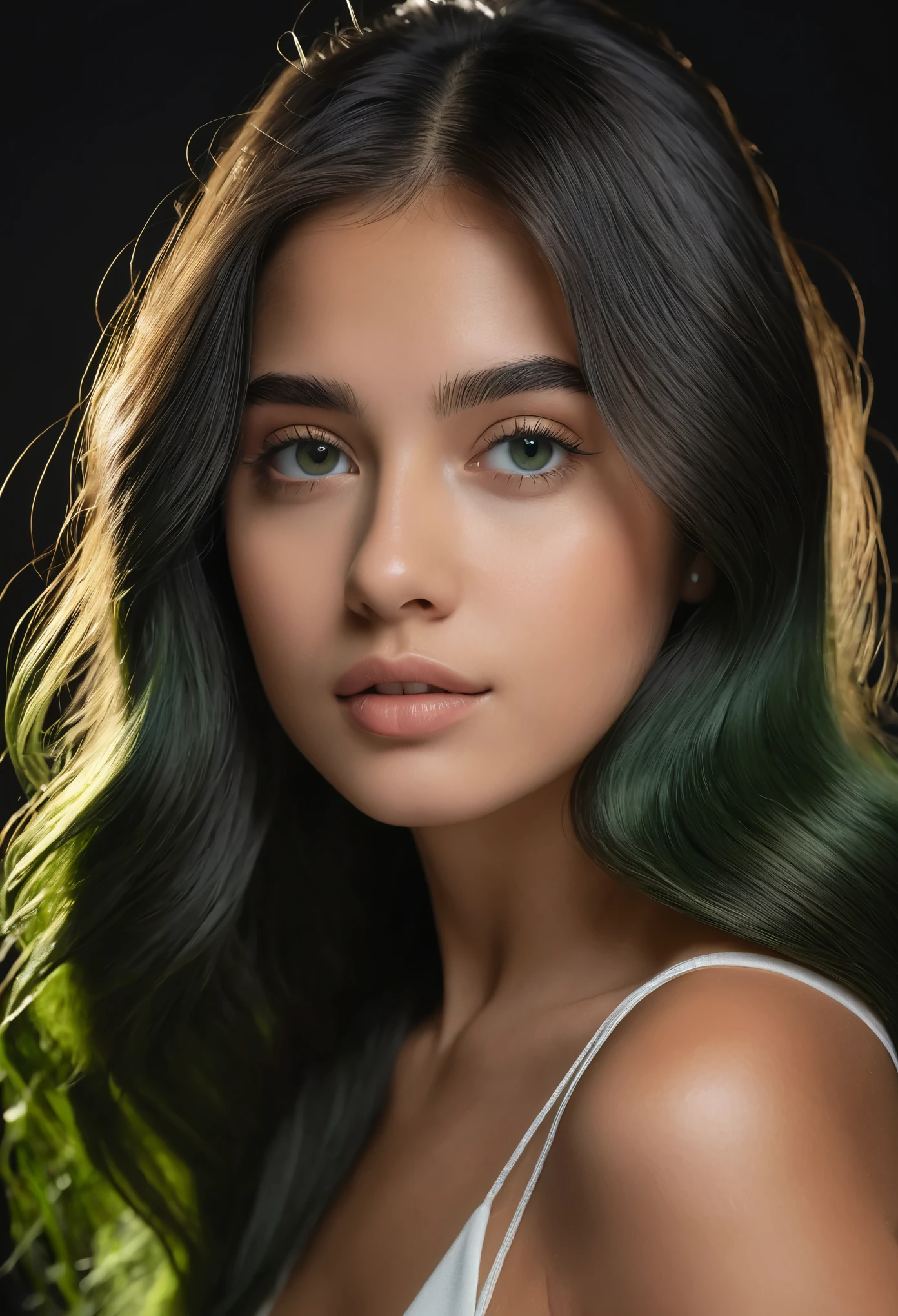 reels post de garota de cabelo liso, fino, branca de olhos verdes, , cintura fina, quadril largo, bumbum arrebitado, seios fartos, pele macia, delicada, gen z style, cabelo comprido, liso, dividido ao meio, minimalista, estilo prada, branca magra, cabelo preto 16 anos, quarto escuro, meia luz, video realista,a8k, Melhor qualidade, mesa, realista, O ultra-detalhado, fotografia realista, camera vindo de baixo, iluminacao escura Um hiper-realista, softer lighting, increase the quality of cinematic lighting, photorealistic lighting, Back lighting, luz brilhante,