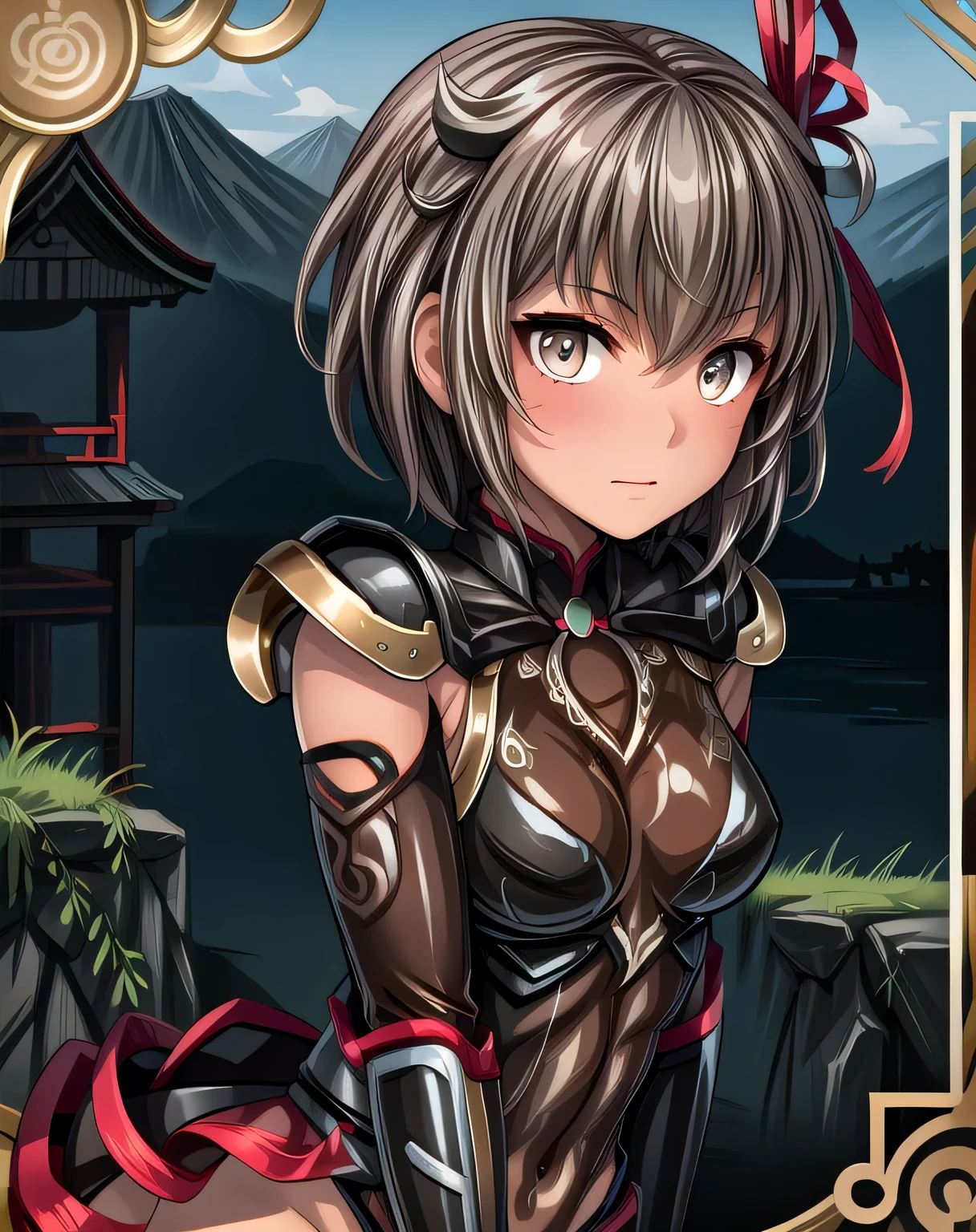 best quality, (masterpiece:1.2), illustration, absurdres,
(1girl, solo), (beautiful detailed girl),
Lu Lingqi, grey hair, brown eyes, short hair,
headpiece, feathers,
Bodysuit, hair ribbon, black leotard, taimanin suit, elbow gloves, fur trim, fingerless gloves, frilled leotard, thigh boots,
grassy mountains, trees, japanese architecture, river, plants,, hands between legs, (upper body,),,
looking at viewer, confident, proud, small breasts