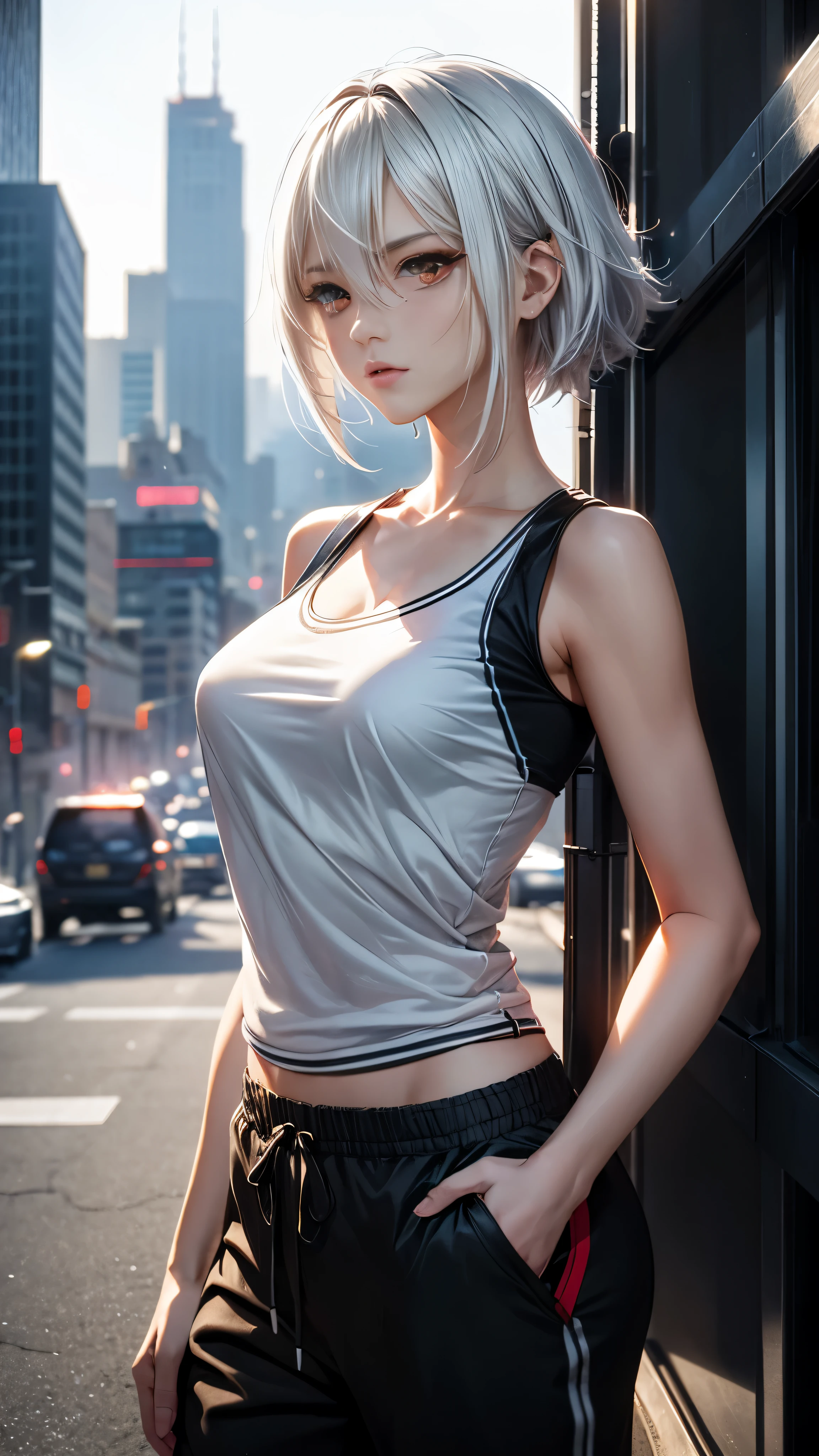 Short messy ガールズ band member white hair, red eyes, close-up photo, photorealistic, wearing tank top and Jogger pants, solid colors, futuristic city, dynamic camera angle, full body beautiful anime style, clean detailed faces, intricate clothes, analogous colors, bright shadows, beautiful gradient, depth of field, hair light, clean image, high quality, high detail, high definition, Luminous Studio graphics engine, beautiful face, slim waist, 16k