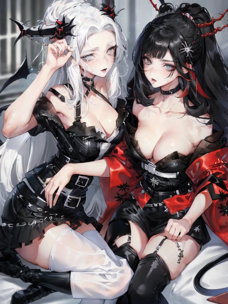 beautiful eyes、Two women kisasterpiece, best quality, high quality, ultra detailed, 1girl, looking at viewer, white hair, gray eyes, black lipstick, black shirt, sitting on a white floor, demon girl, gothcore, 1 7 - year - old, goth girl, japanese gothic, gothic punk style, black metal style, hands on head,.yurikiss、Girl kissing girl、Sex、