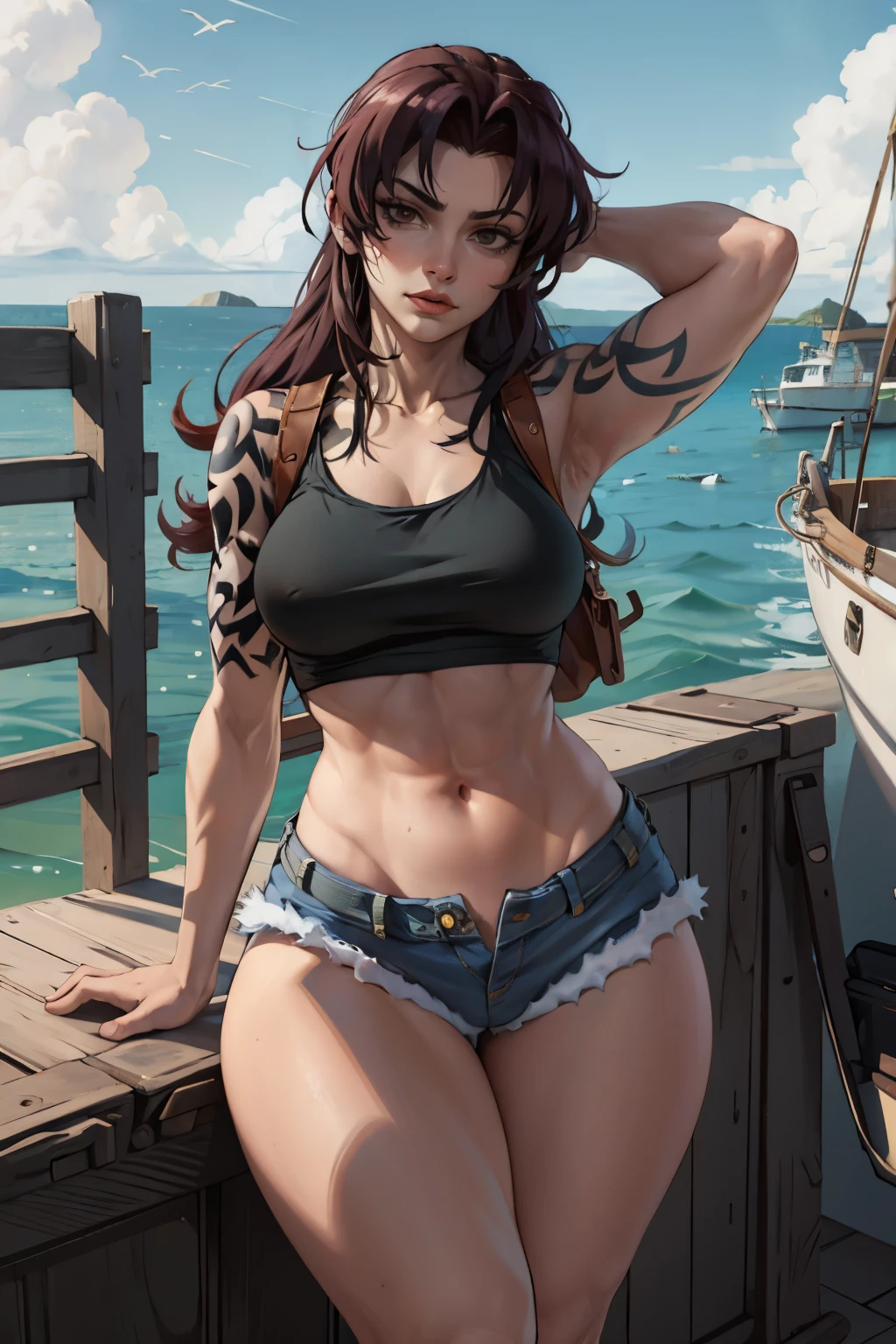 digital art, Revy, masterpiece, best quality, sexy pose, at small modern boat, denim shorts, black tank top