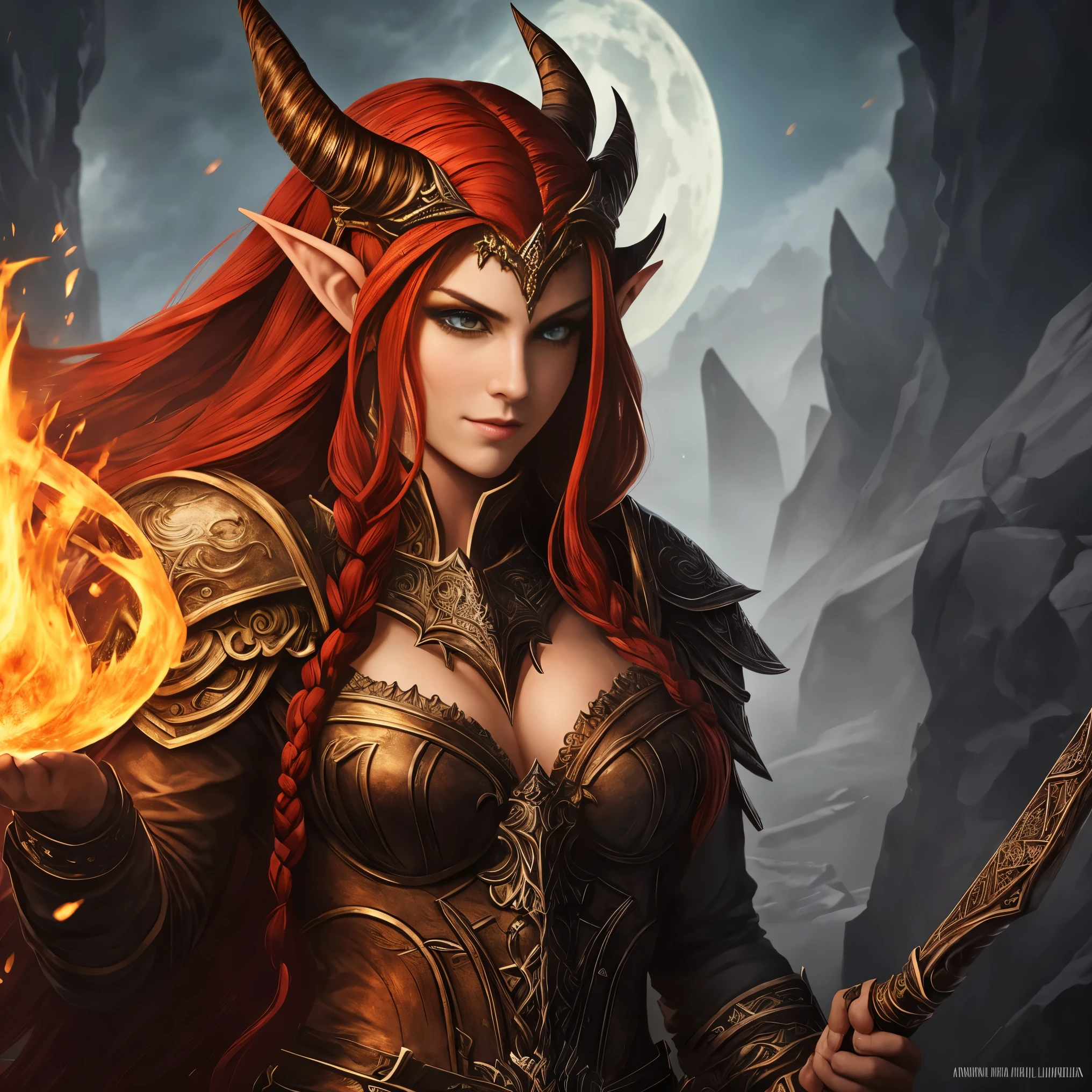 furioso, Barbarian Female Elf,  Arte de Fantasia, of his gaze alone enemies beginning to panic, a head, devilish smile, besta do inferno, diabo, White Fire Sky, guerreira, com foice e escudo, lindo, Duendes, Lobisomem, Long red braided hair, olhos dourados brilhantes, realista, altamente detalhados, motor irreal, 8k de luxo