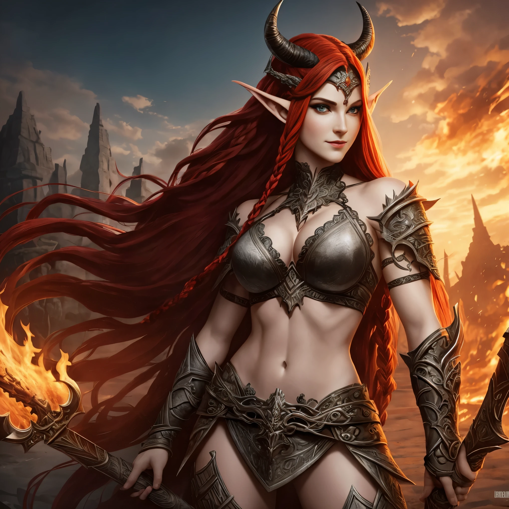 furioso, Barbarian Female Elf, Arte de Fantasia, of his gaze alone enemies beginning to panic, a head, devilish smile, besta do inferno, diabo, White Fire Sky, guerreira, com foice e escudo, lindo, Duendes, Lobisomem, Long red braided hair, olhos dourados brilhantes, realista, altamente detalhados, motor irreal, 8k de luxo