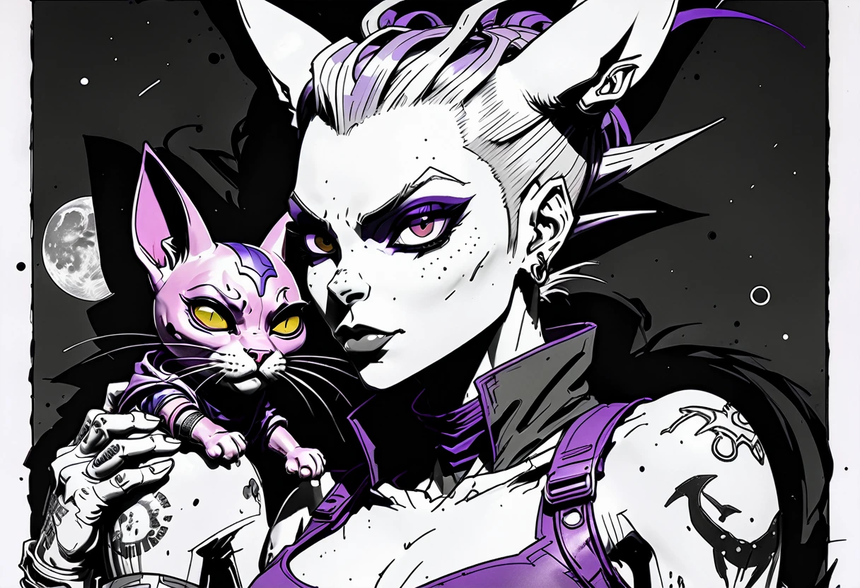 black and white, shades of gray expressive ink lines, ink line drawing, hand drawn, cel shading, anime style, Tank Girl (Australian outlaw, punk, Jamie Hewlett style reference), petting the hairless cat beerus in her lap (Dragon Ball Z purple cat), cel shading, rich color grading, depth, hyper maximal, strange, intense, nuanced, precise, bold harsh ink art style,