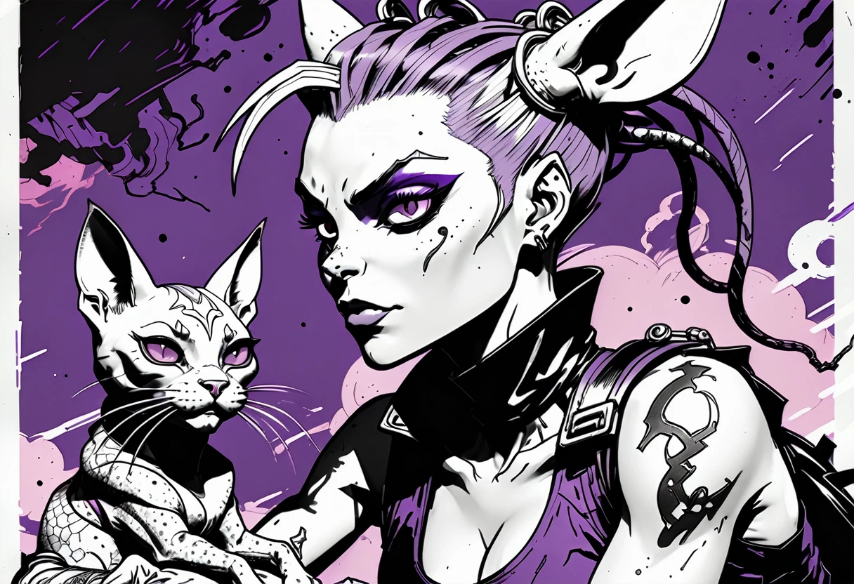 black and white, shades of gray expressive ink lines, ink line drawing, hand drawn, cel shading, anime style, Tank Girl (Australian outlaw, punk, Jamie Hewlett style reference), petting the hairless cat beerus in her lap (Dragon Ball Z purple cat), cel shading, rich color grading, depth, hyper maximal, strange, intense, nuanced, precise, bold harsh ink art style,