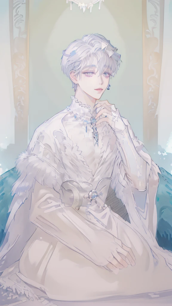 Boy, Entj, manipulative, accessories, sophisticated, submissive, Pale, pearly hair, wolfcut hair, blunt bangs, Lilac eyes, long eyelashes, jig eyes, blank eyes, skulls accessories, Korean style, loose clothes, sweatshirt, sexy atmosphere, portrait, many accessories, royal, sadistic, bdsm, light blond, fair skin, white fur coat, cold, parka, Generate a high quality, very detailed image of a boy with light pearly hair, full body, perfect face,calm look and a delicate smile, Decoration full of pearls