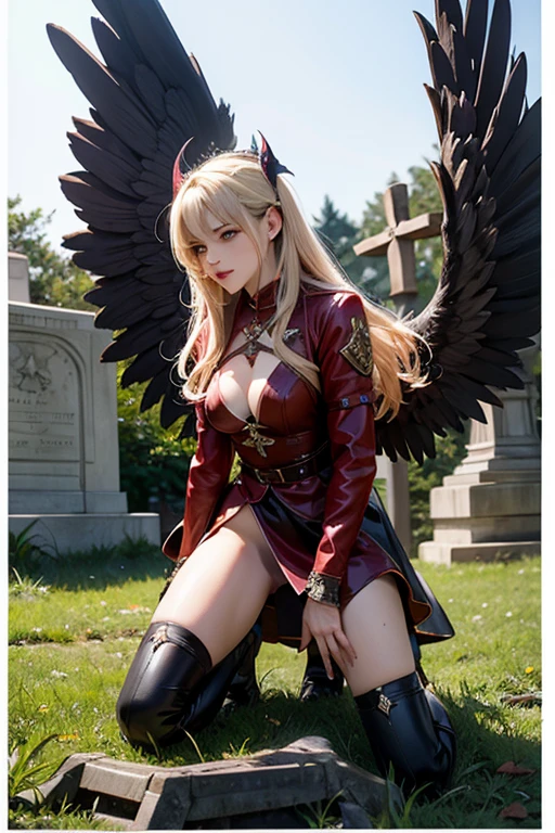 Medieval archangel warrior lolita aristocrat long boots sexy girl attraction sexy french woman with demon wings cute damn cemetery active battle action style Increase libido,front view,cruel