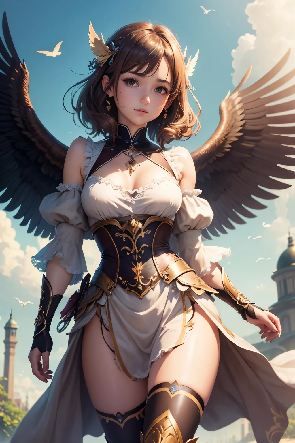 longshot, aerial angle, (mechanical, complex body), 100m tall angel, flying, sing, female round face, drooping eyes, open mouth, open legs, (protect cover on chest and crotch), ((halo)), ruins of the city, impact, high speed, flame, necklace on fire, destroying, lightning, fight scene, (she has 2 guns both hands), 6 thick wide wings,