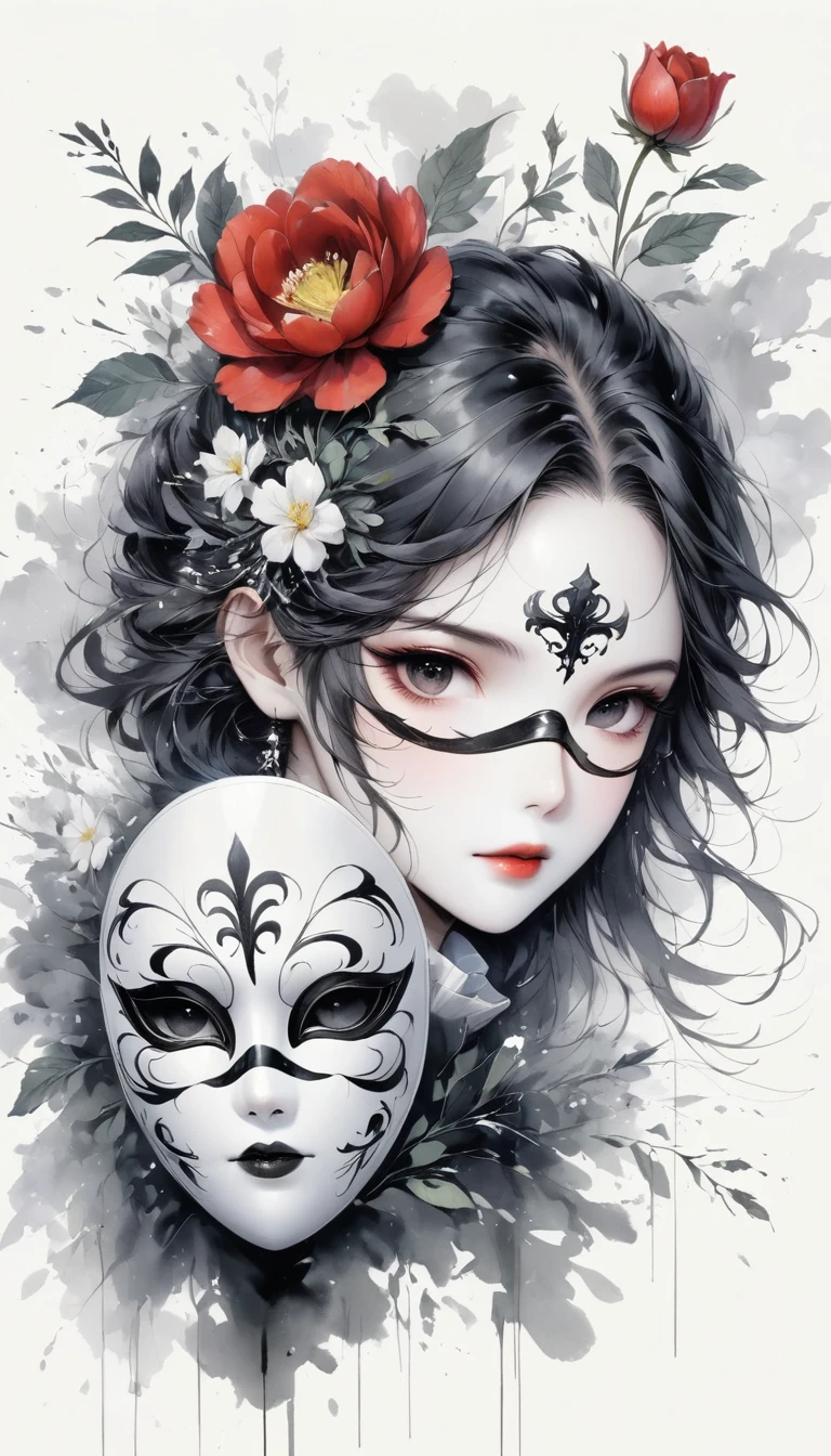 (Anime line drawing:1.5),black and white painting,Minimalism,line art,sketch,Charcoal drawing,mask,flower