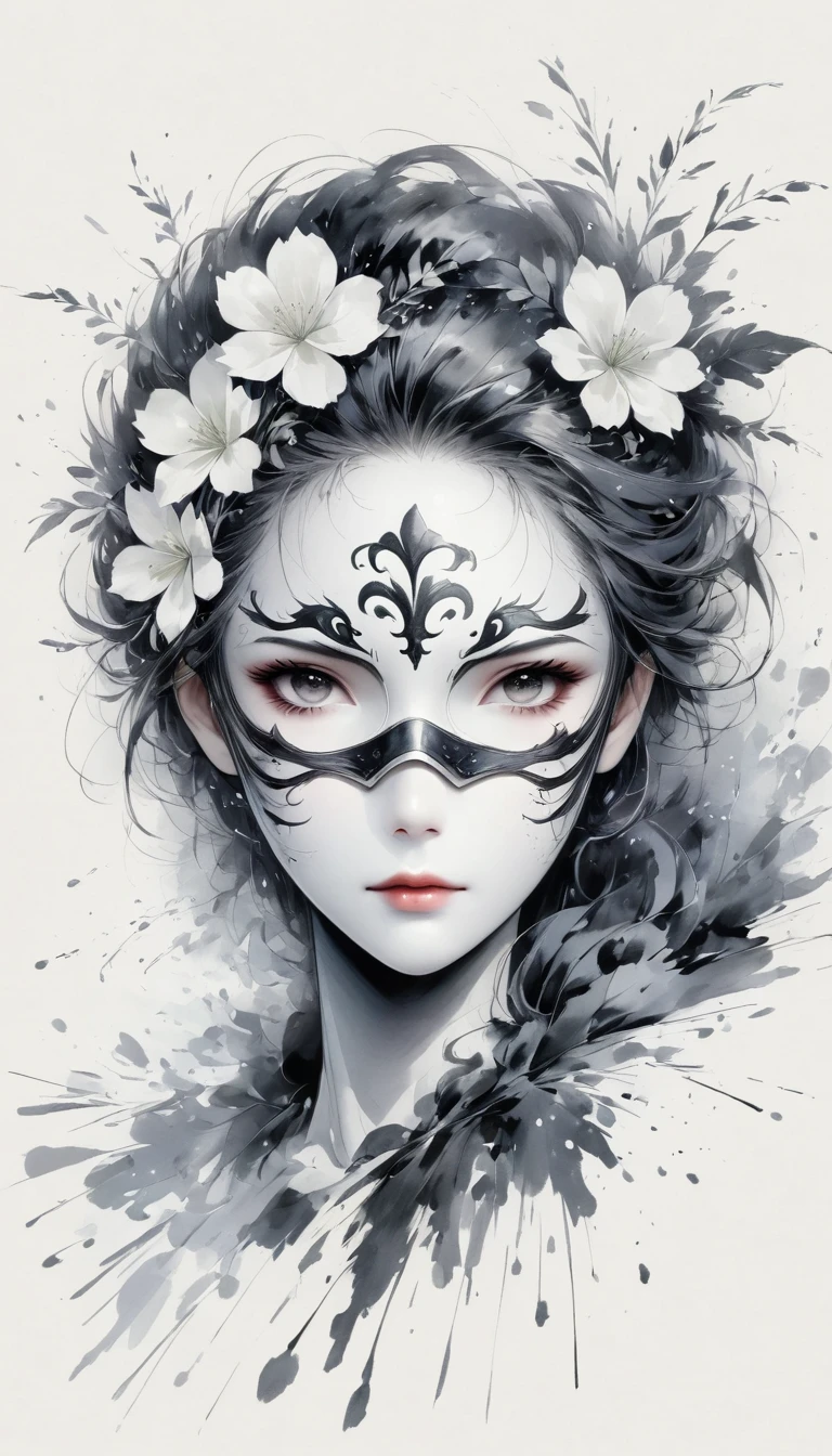 (Anime line drawing:1.5),black and white painting,Minimalism,line art,sketch,Charcoal drawing,mask,flower