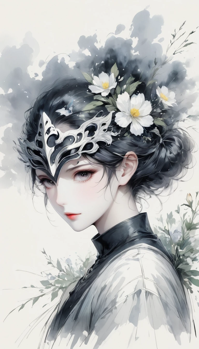 (Anime line drawing:1.5),black and white painting,Minimalism,line art,sketch,Charcoal drawing,mask,flower