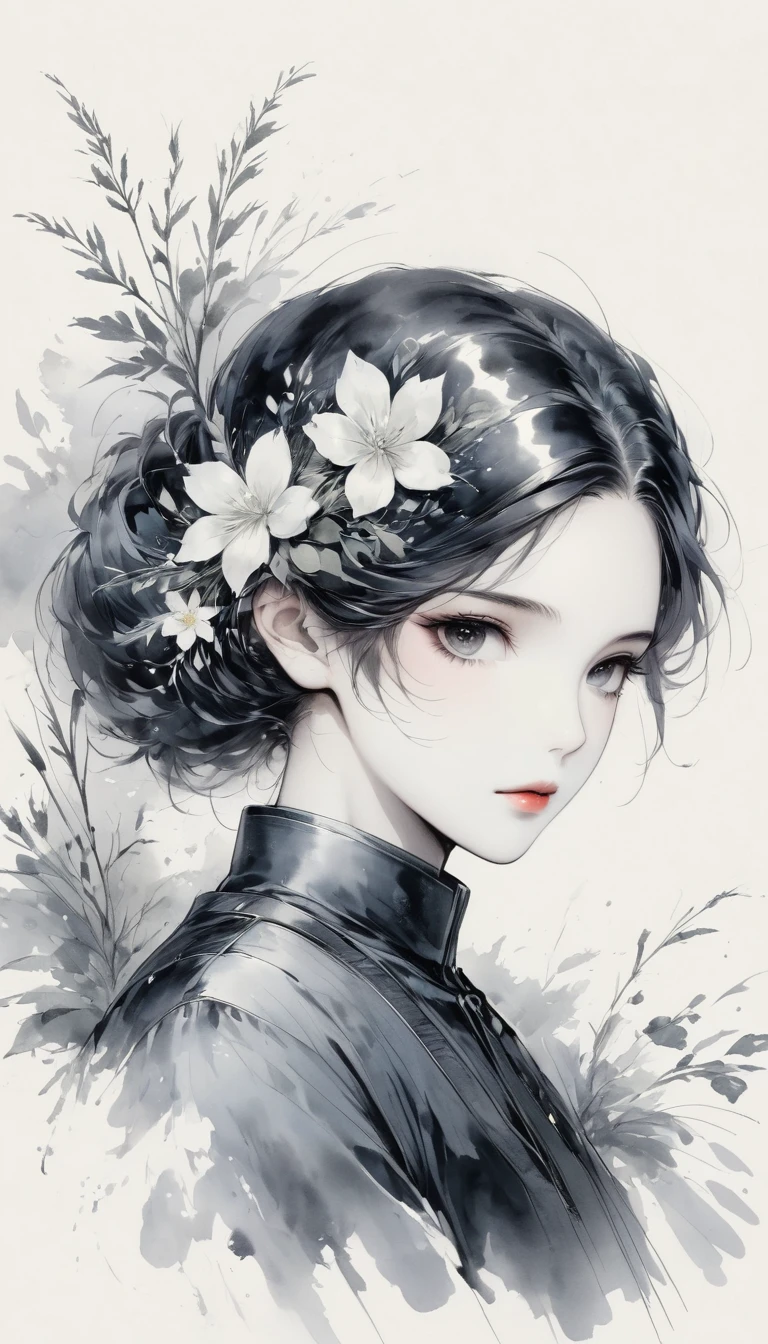 (Anime line drawing:1.5)，black and white painting，Minimalism，line art，sketch，Charcoal drawing，mask，flower