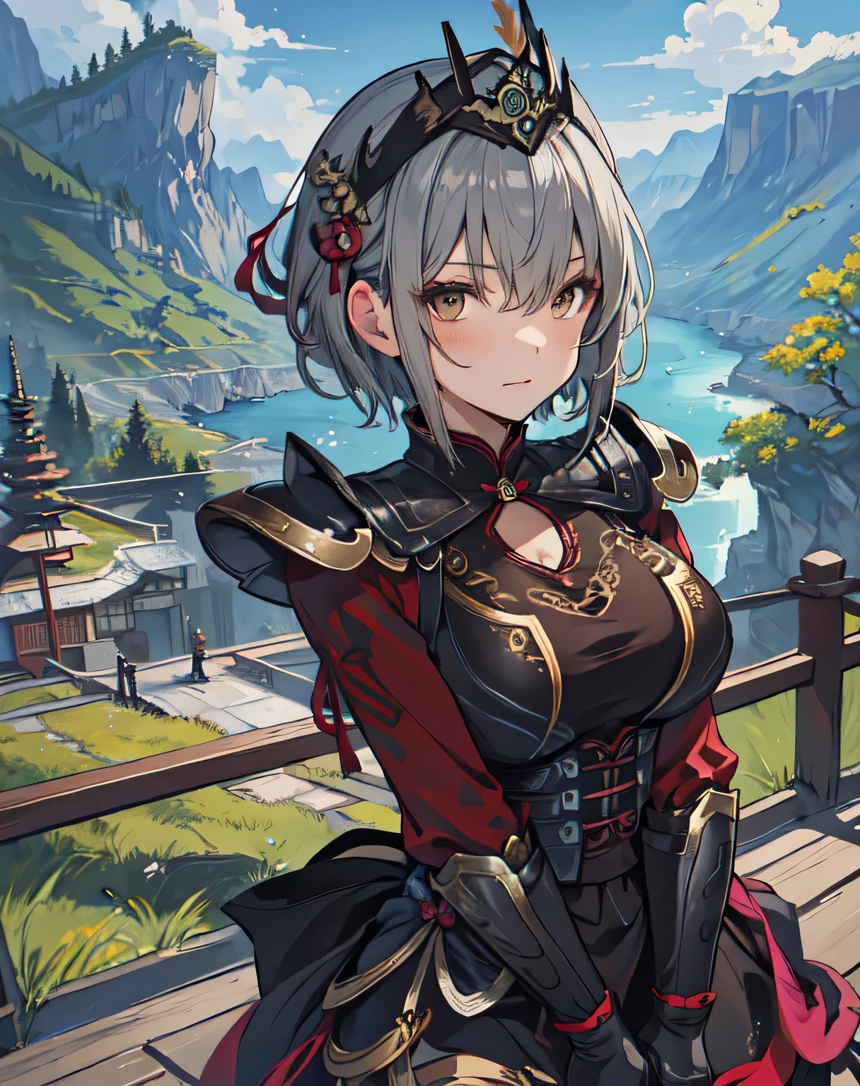 best quality, (masterpiece:1.2), illustration, absurdres, (1girl, solo), (beautiful detailed girl), Lu Lingqi, grey hair, brown eyes, short hair, headpiece, feathers, armored dress, shoulder armor, black skirt, thigh boots, armored boots, gloves, grassy mountains, trees, japanese architecture, river, plants,, hands between legs, (upper body, portrait),, looking at viewer, confident, proud,
