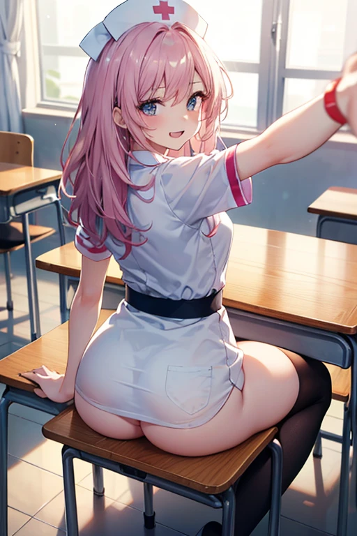 (peace master, 最好of质量), 25 year old girl, uncensored, , , miniskirt,((Not wearing)), Lying on the table, from behind, classroom, Smile, pleasure, Selfie, Many female classmates, 溫暖of, Volumetric lighting, soft light, 明亮of,大量of汗水,black stockings,Nurse cap,posture,Stick your ass up,Teeth exposed,of,性感of,sexual expression,cunt,漏cunt,genitals