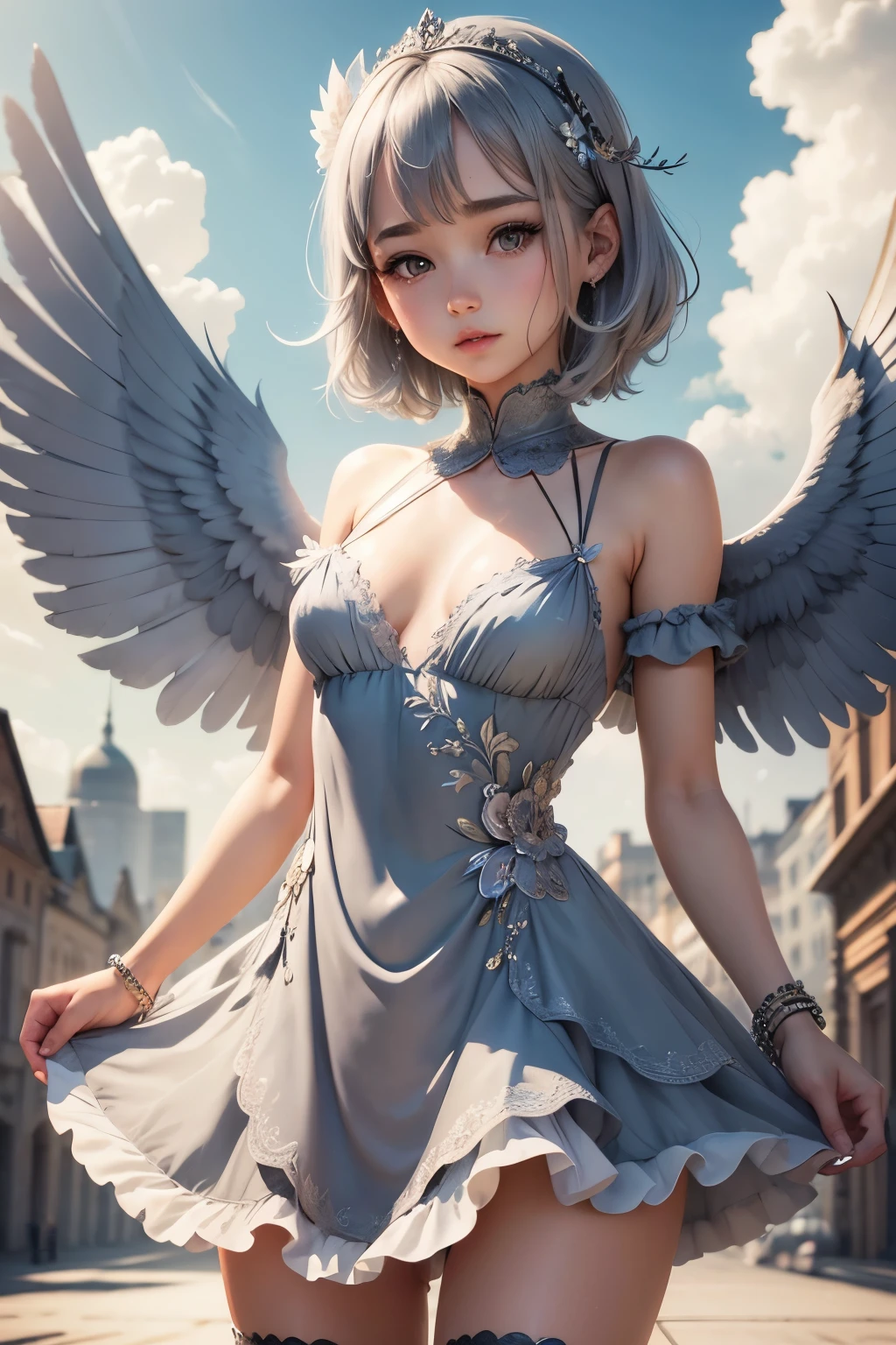 high resolution beautiful skin detailed picture pretty girl small breasts pigeon gray hair Glittering dresses Tsubasa Bird wings sky