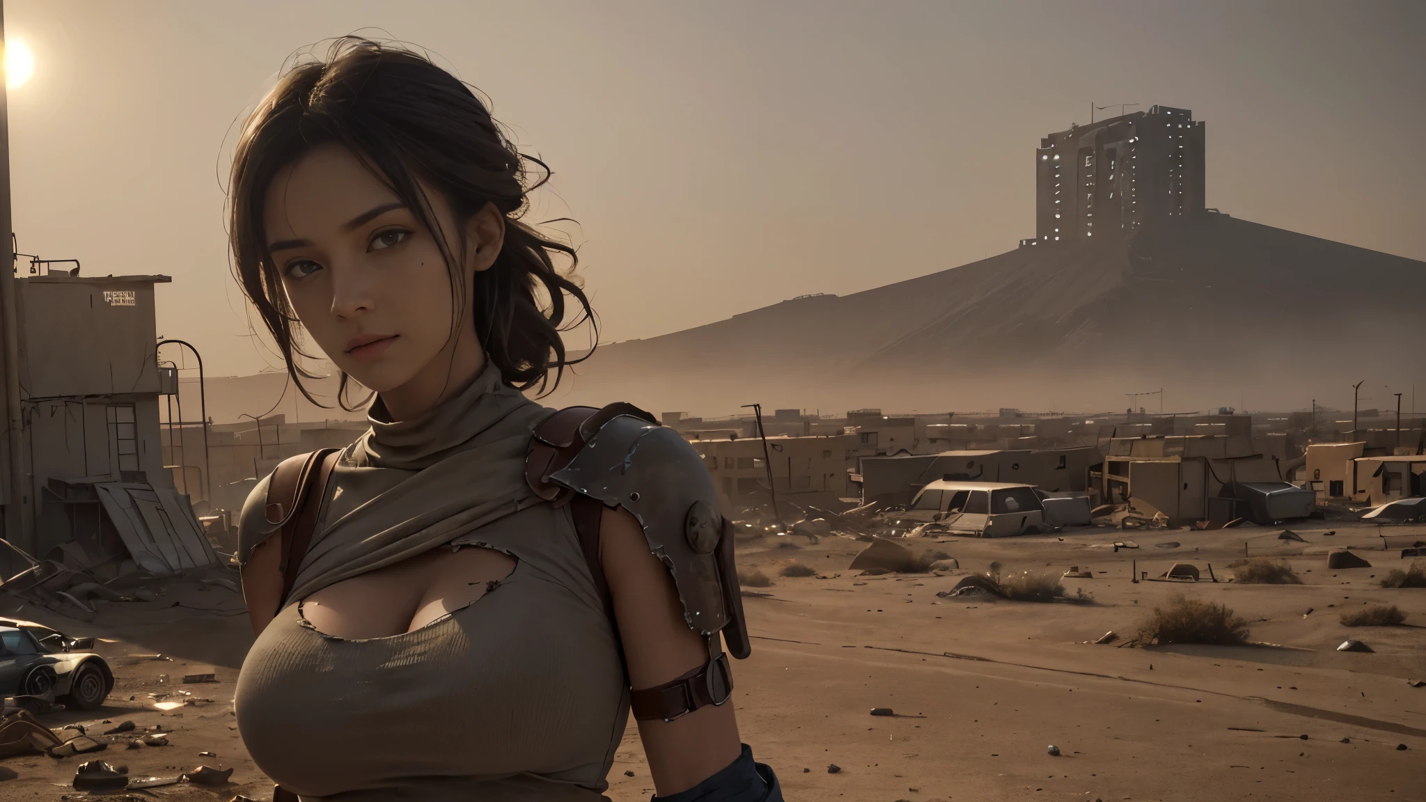 (Super detailed,best quality,high resolution:1.2),(actual:1.37),post apocalyptic,Desert wasteland,barren landscape,city ruins,sandstorm,Fierce sunlight,dusty atmosphere,War-torn,tattered clothes,,dystopian,desolate,futuristic,severe,Gritty,full of action,faded color,dirt, dusty, it's foggy, evening sun,dazzling lights, (a girl, Detailed face, sexy, big breasts), pastel colors, dirty, dusty, actual lighting and shadowing, high resolution, Super detailed, 1 young girl,Cinema-level lighting effects,(medium distance lens)