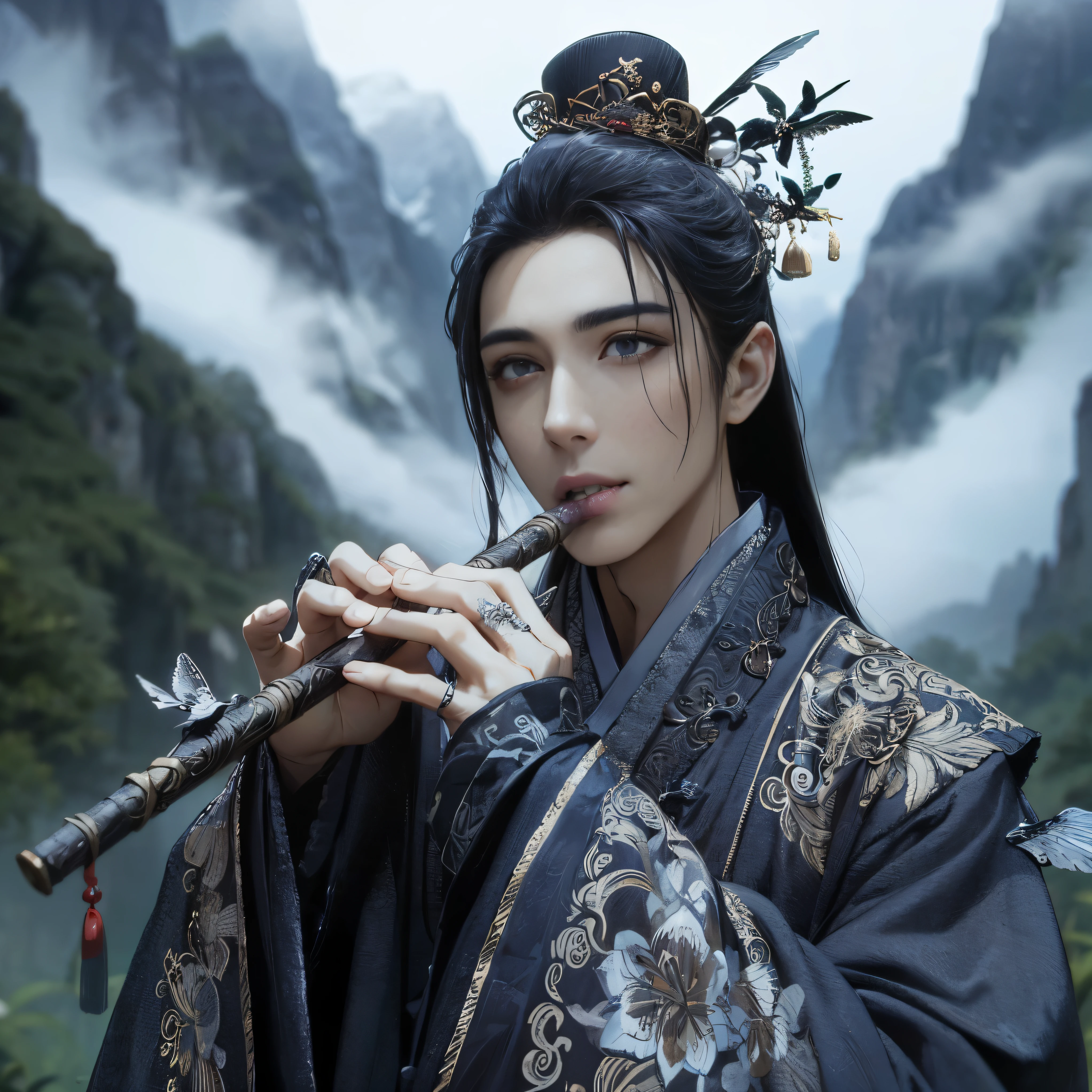 (Best Quality:1.2), (high resolution:1.2), (beautiful face and eye:1.2), (sharpest focus:1.2), (Ultra-realistic Photo:1.2), (Ultra-precise Photo:1.2), (Depth of field:1.2), (8k high resolution:1.2), (perfect anatomy:1.2), (nice hands:1.5),
(perfect hands:1.5), (Very young and masculine and dignified and beautiful Chinese male:1.5), (Beautiful nobleman:1.0), (A beautiful nobleman:1.0), (A shiny black hermit-like garment with fancy embroidery:1.0), (A gentle smile:1.3),
(Playing an iron flute:1.5), (A secluded hermit-like place deep in the mountains of China:1.0), (A mysterious fairyland:1.2), (Birds and animals gathered to listen to the sound of the flute:1.3), (Looking up angle:1.0),