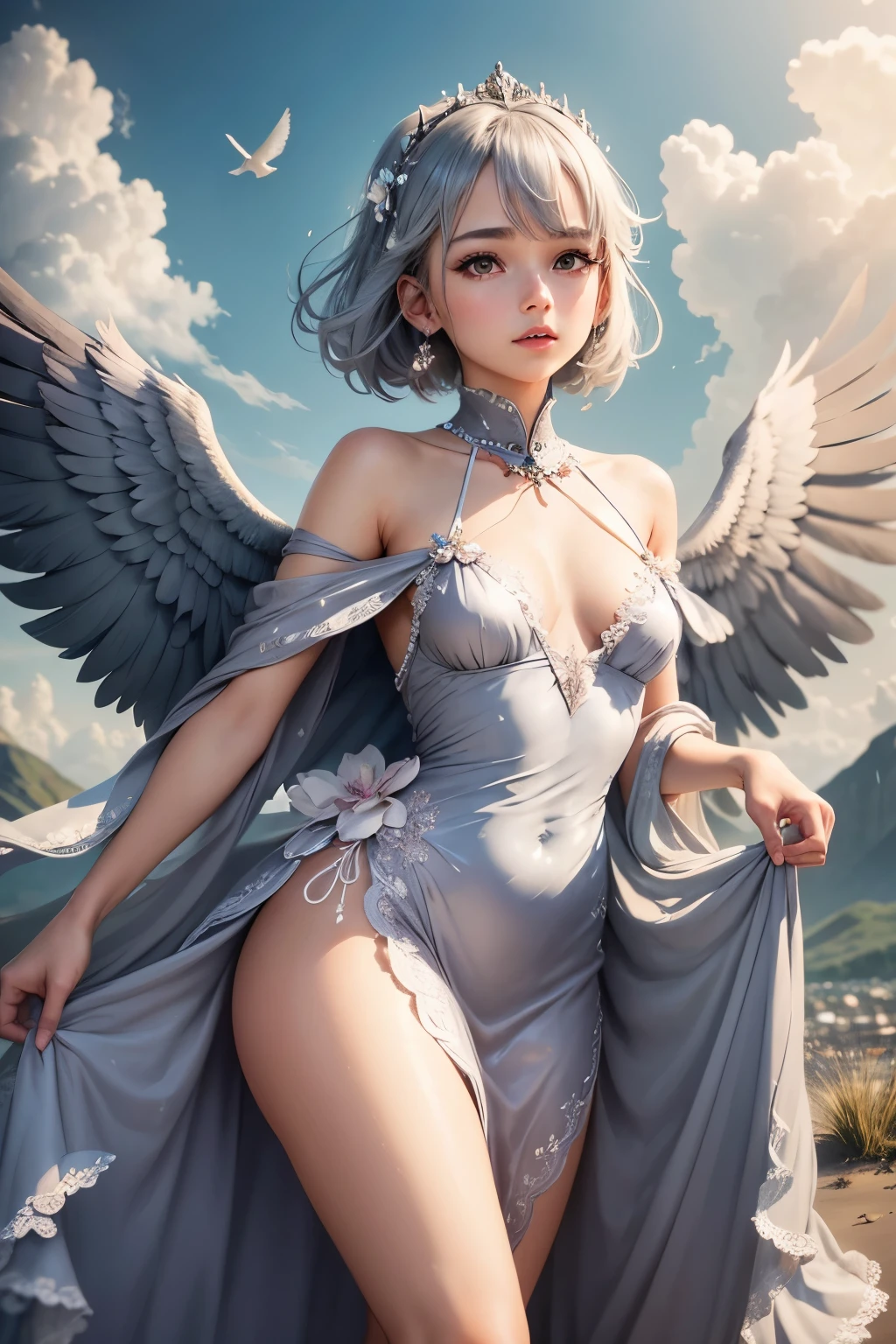high resolution beautiful skin detailed picture pretty girl small breasts pigeon gray hair Glittering dresses Tsubasa Bird wings sky
