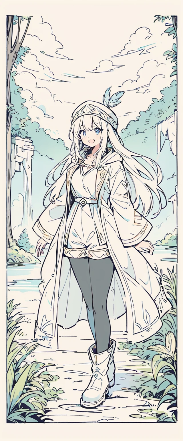 Anime line drawing, line art, 1 girl, black and white, Fengshin, long hair, medium breasts, happy, feather embellished hat, coat, (fantasy:1.1) (middle Ages:1.1) (pantyhose:1.1), shirt, shorts, Wool boots, enchanted forest, flowers, ancient ruins, lake, Sky, cloud