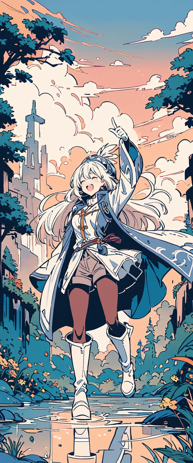 Anime line drawing, line art, 1 girl, black and white, Fengshin, long hair, medium breasts, happy, feather embellished hat, coat, (fantasy:1.1) (middle Ages:1.1) (pantyhose:1.1), shirt, shorts, Wool boots, enchanted forest, flowers, ancient ruins, lake, Sky, cloud