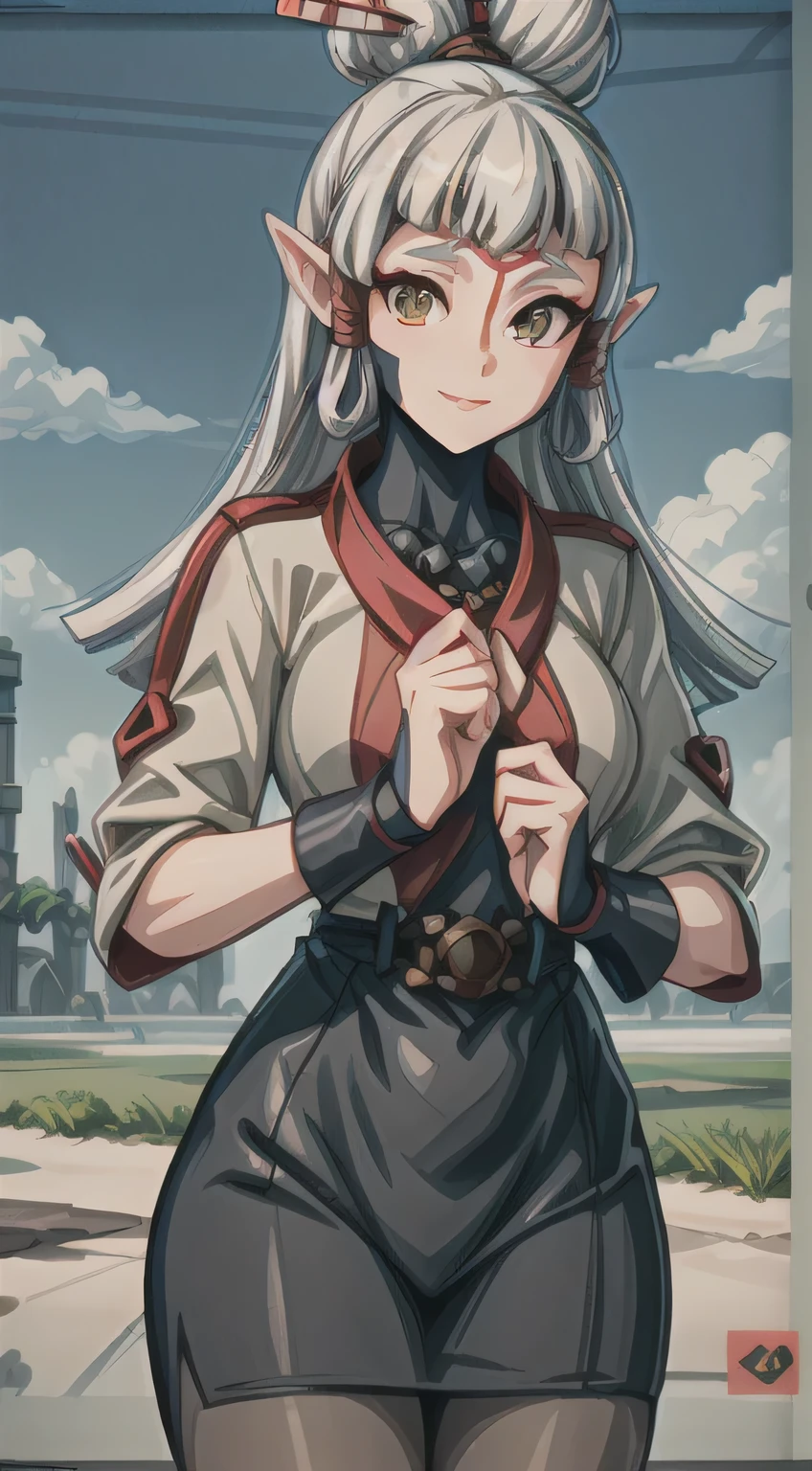 paya, cute elf, wariza,grass,sky,smile, intricate eyes,beautiful detailed eyes,symmetrical eyes,big eyes:1.5, (ultra detailed,extremely detailed),(photorealistic artwork:1.37),(extremely detailed CG unity 8k wallpaper),(((vibrant colors,vibrant theme))),(intricate),(masterpiece),(best quality), dress, uniform, pantyhose,