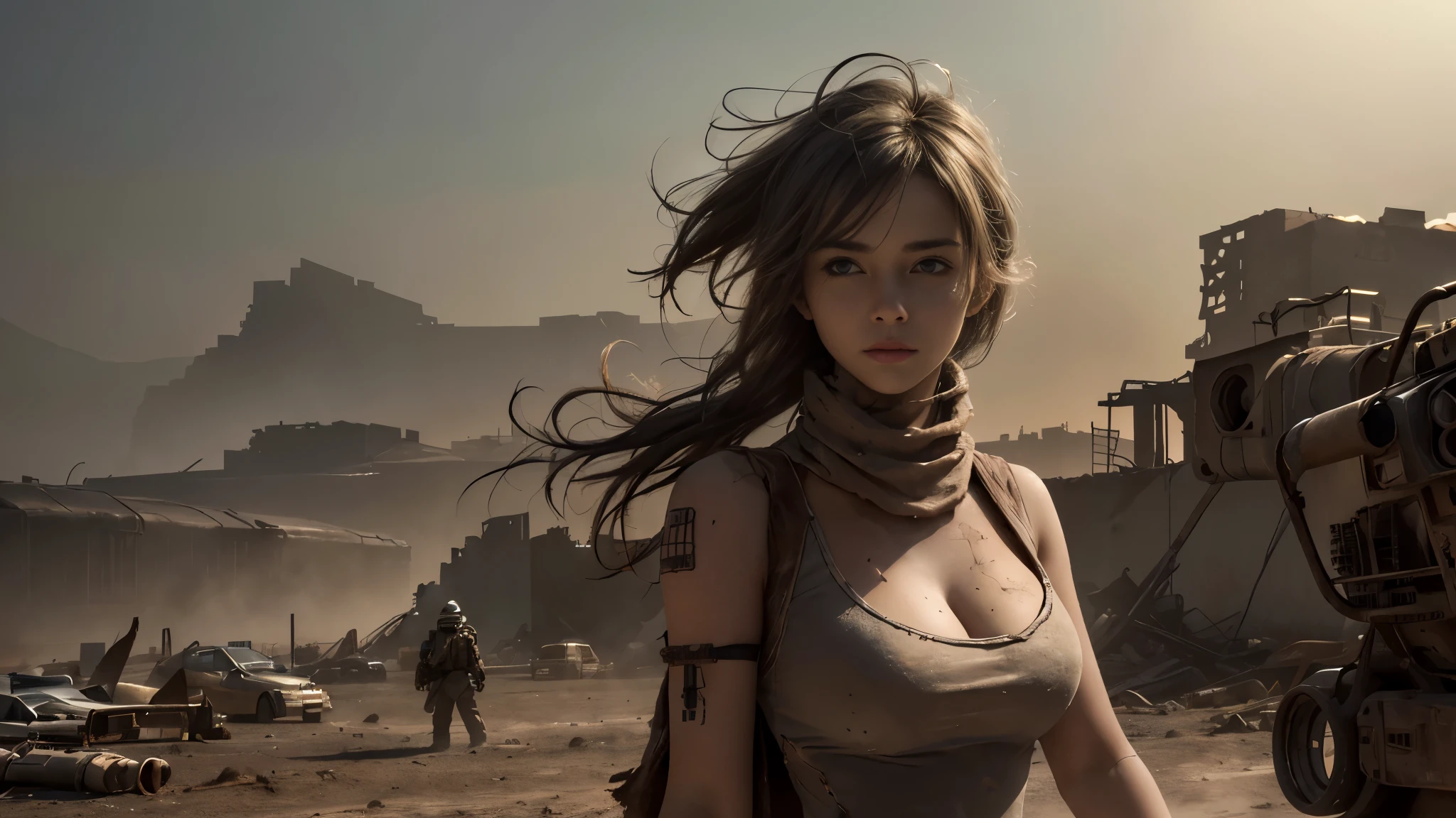 (Super detailed,best quality,high resolution:1.2),(actual:1.37),post apocalyptic,Desert wasteland,barren landscape,city ruins,sandstorm,Fierce sunlight,dusty atmosphere,War-torn,tattered clothes,,dystopian,desolate,futuristic,severe,Gritty,full of action,faded color,dirt, dusty, it&#39;s foggy, evening sun,dazzling lights, (a girl, Detailed face, sexy, big breasts), pastel colors, dirty, dusty, actual lighting and shadowing, high resolution, Super detailed, 1 young girl，Cinema-level lighting effects,(medium distance lens)