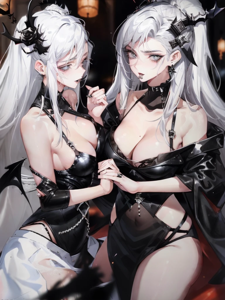 beautiful eyes、Two women kisasterpiece, best quality, high quality, ultra detailed, 1girl, looking at viewer, white hair, gray eyes, black lipstick, black shirt, sitting on a white floor, demon girl, gothcore, 1 7 - - old,th girl, japanese gothic, gothic punk style, black metal style, hands on head,.yurikiss、Girl kissing girl、Sex、