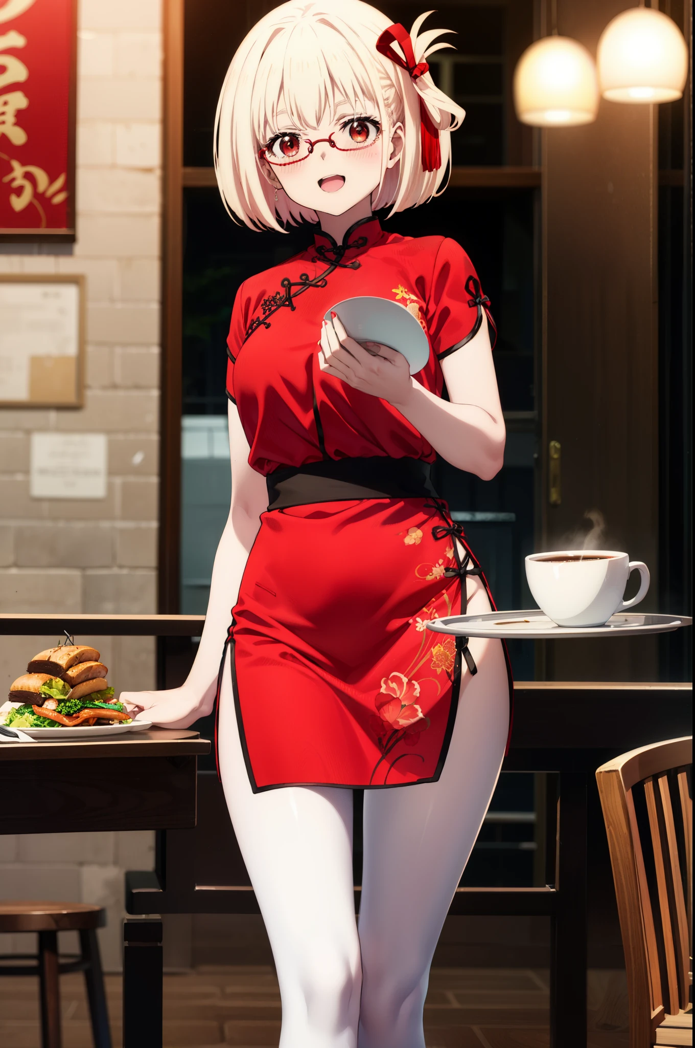 chisatonishikigi, Chisato Nishikigi, short hair, bangs, blonde hair, (red eyes:1.5), hair ribbon, one side up, bob cut,happy smile, smile, open your mouth,blush,
red cheongsam,Red long slit,white pantyhose,stiletto heels,Akabuchi Glasses,food, drink, Tables and chairs, cleaning, tray, tray in one hand
break indoors,Chinese style coffee shop,
break looking at viewer, whole body,(cowboy shot:1.5),
break (masterpiece:1.2), highest quality, High resolution, unity 8k wallpaper, (figure:0.8), (detailed and beautiful eyes:1.6), highly detailed face, perfect lighting, Very detailed CG, (perfect hands, perfect anatomy),