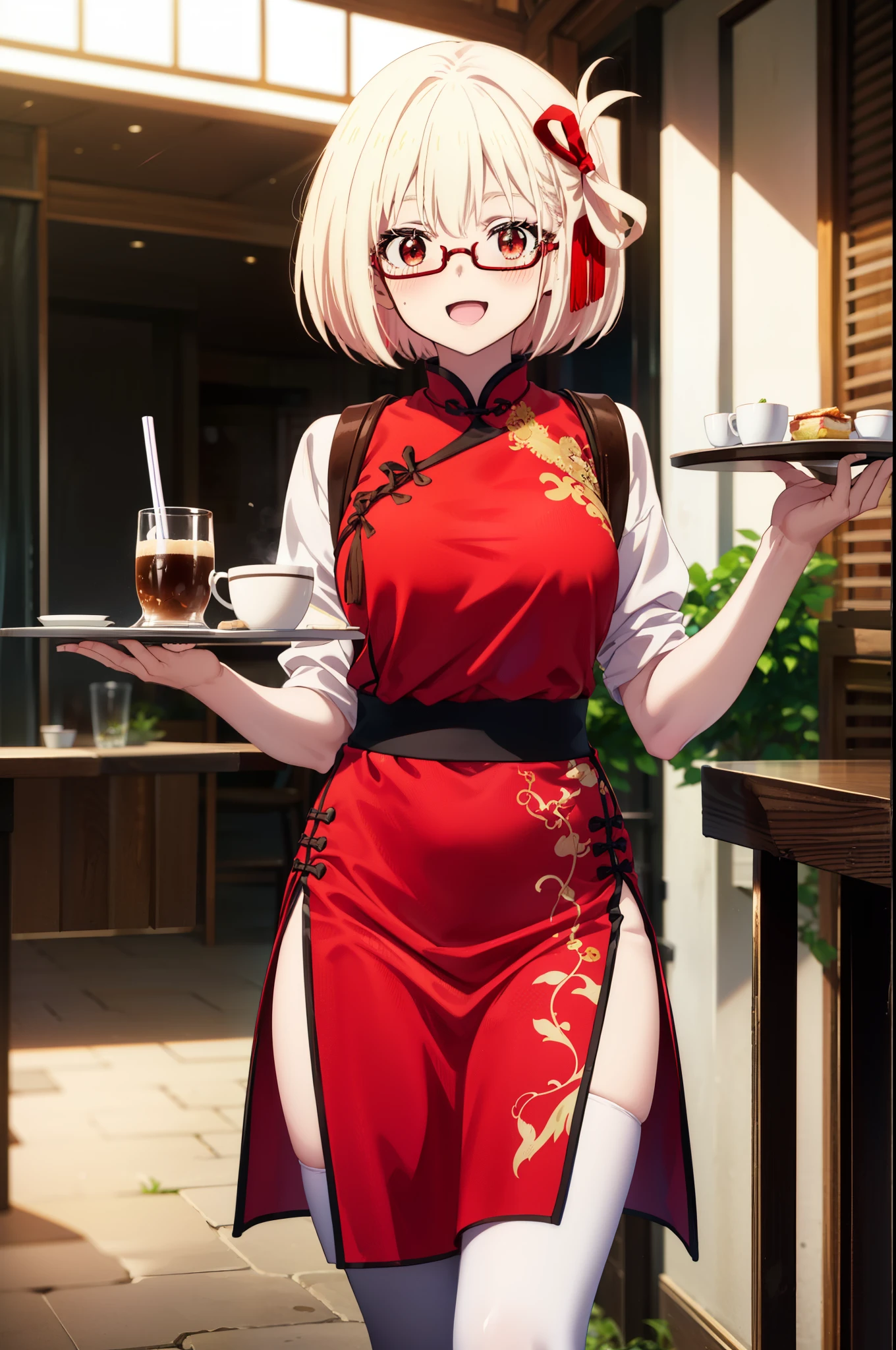 chisatonishikigi, Chisato Nishikigi, short hair, bangs, blonde hair, (red eyes:1.5), hair ribbon, one side up, bob cut,happy smile, smile, open your mouth,blush,
red cheongsam,Red long slit,white pantyhose,stiletto heels,Akabuchi Glasses,food, drink, Tables and chairs, cleaning, tray, tray in one hand
break indoors,Chinese style coffee shop,
break looking at viewer, whole body,(cowboy shot:1.5),
break (masterpiece:1.2), highest quality, High resolution, unity 8k wallpaper, (figure:0.8), (detailed and beautiful eyes:1.6), highly detailed face, perfect lighting, Very detailed CG, (perfect hands, perfect anatomy),