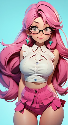 (Melhor Qualidade, Obra-Prima), 1girl, Pose, Eyeglasses, Vento, Flor, Parte completa do Corpo, Esquema de Cores Branco e Rosa, Fundo Simples, Olhe para o Espectador