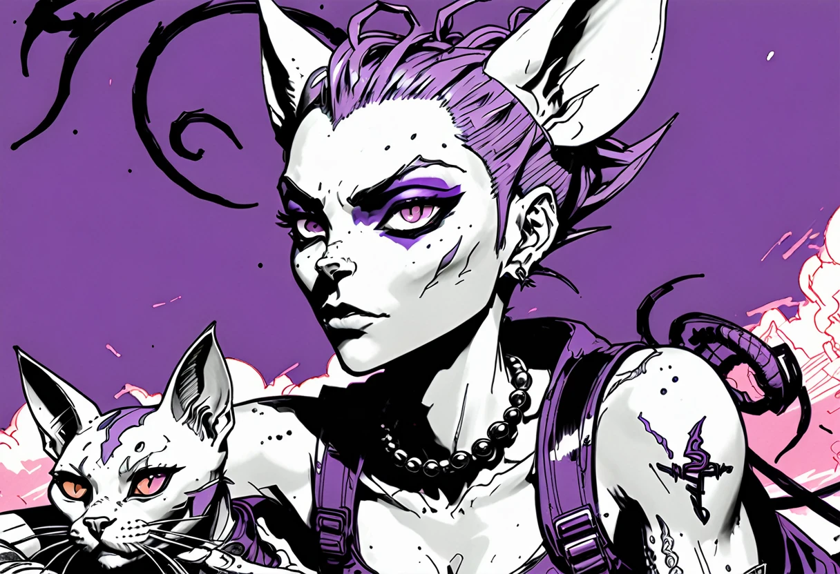 black and white, shades of gray expressive ink lines, ink line drawing, hand drawn, cel shading, anime style, Tank Girl (Australian outlaw, punk, Jamie Hewlett style reference), petting the hairless cat beerus in her lap (Dragon Ball Z purple cat), cel shading, rich color grading, depth, hyper maximal, strange, intense, nuanced, precise, bold harsh ink art style,