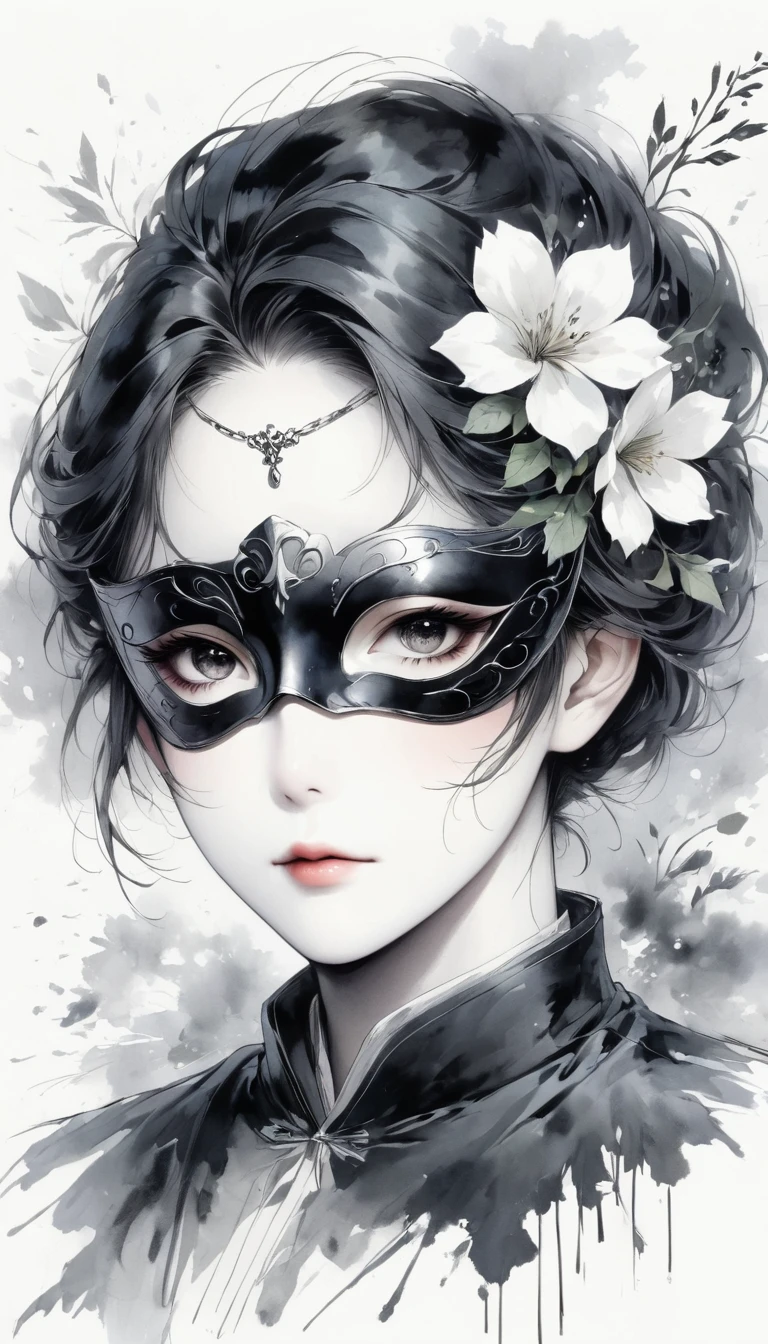 (Anime line drawing:1.5)，black and white painting，Minimalism，line art，sketch，Charcoal drawing，mask，flower