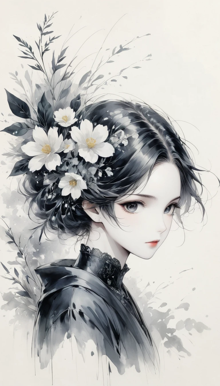 (Anime line drawing:1.5),black and white painting,Minimalism,line art,sketch,Charcoal drawing,mask,flower
