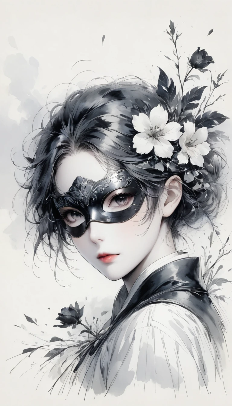 (Anime line drawing:1.5),black and white painting,Minimalism,line art,sketch,Charcoal drawing,mask,flower